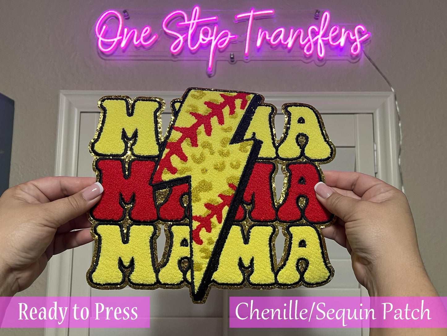 Stacked Lightning Softball MAMA Chenille Iron On Patch - Ready to Press Patches