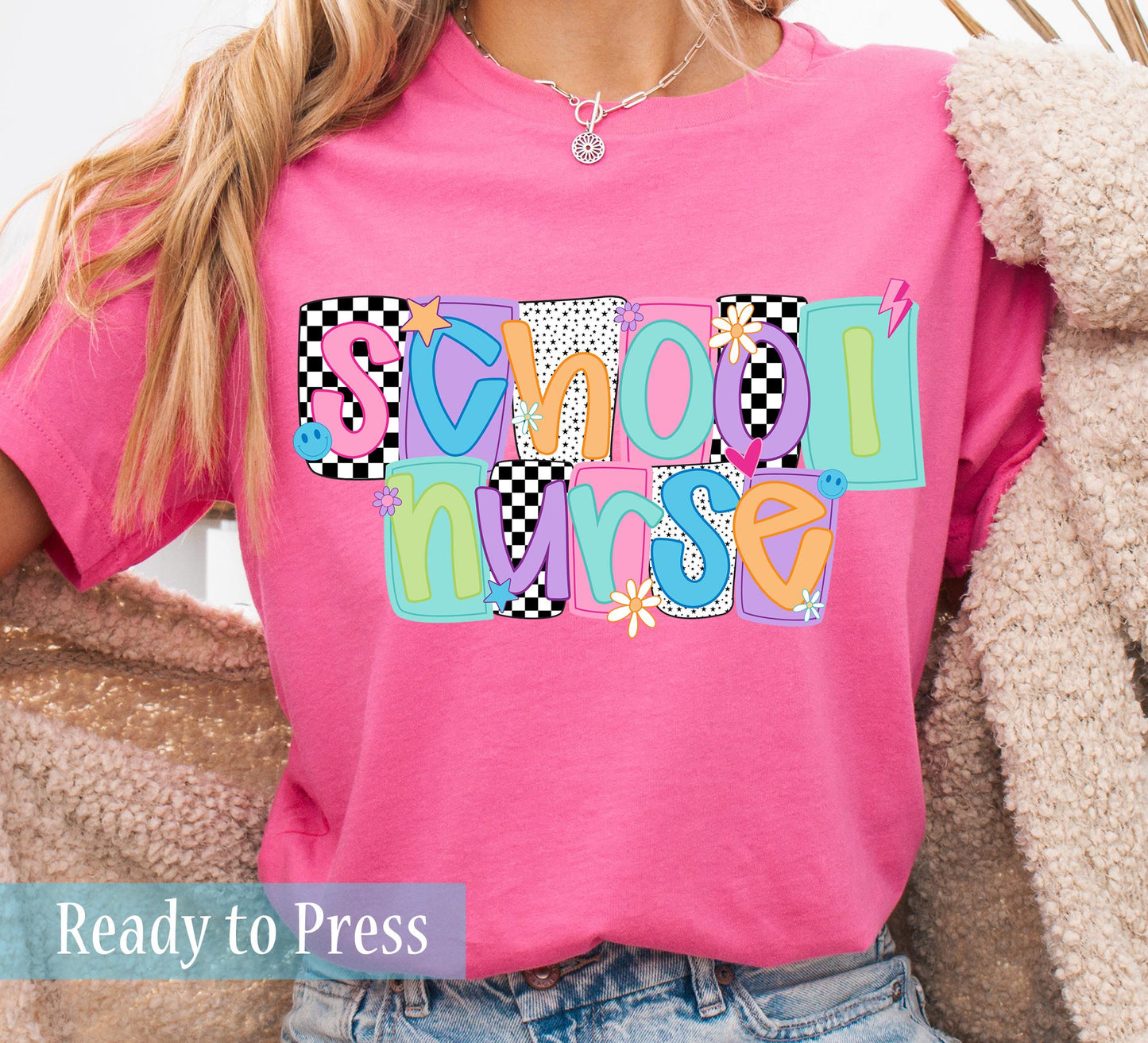 Bright Checker Squares School Nurse - Ready to Press DTF Transfers