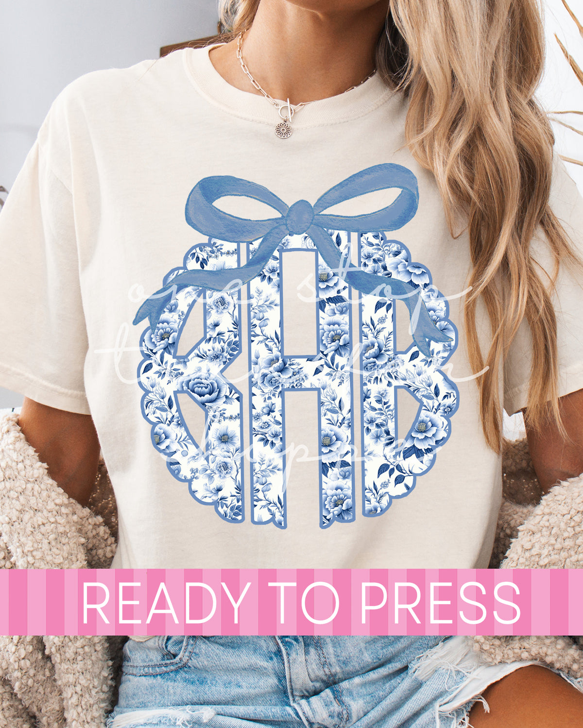 Cornflower Blue Scallop Floral Monogram - Ready to Press DTF Transfers