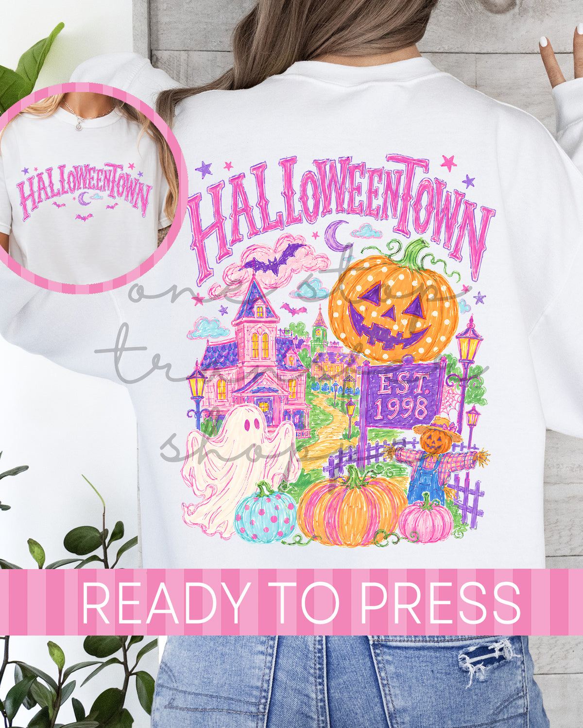 Pink Whimsy Halloween City Full Size Front and Back - Ready to Press DTF Transfer