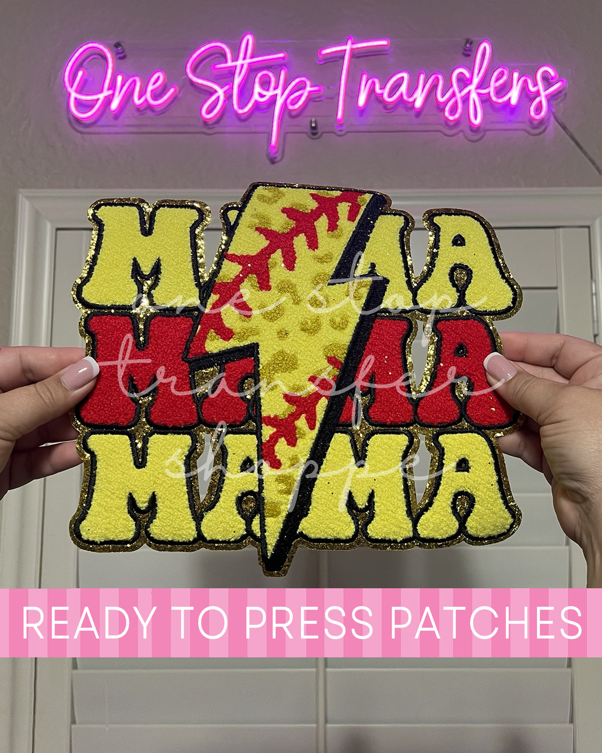 Stacked Lightning Red Softball MAMA Chenille Iron On Patch - Ready to Press Patches