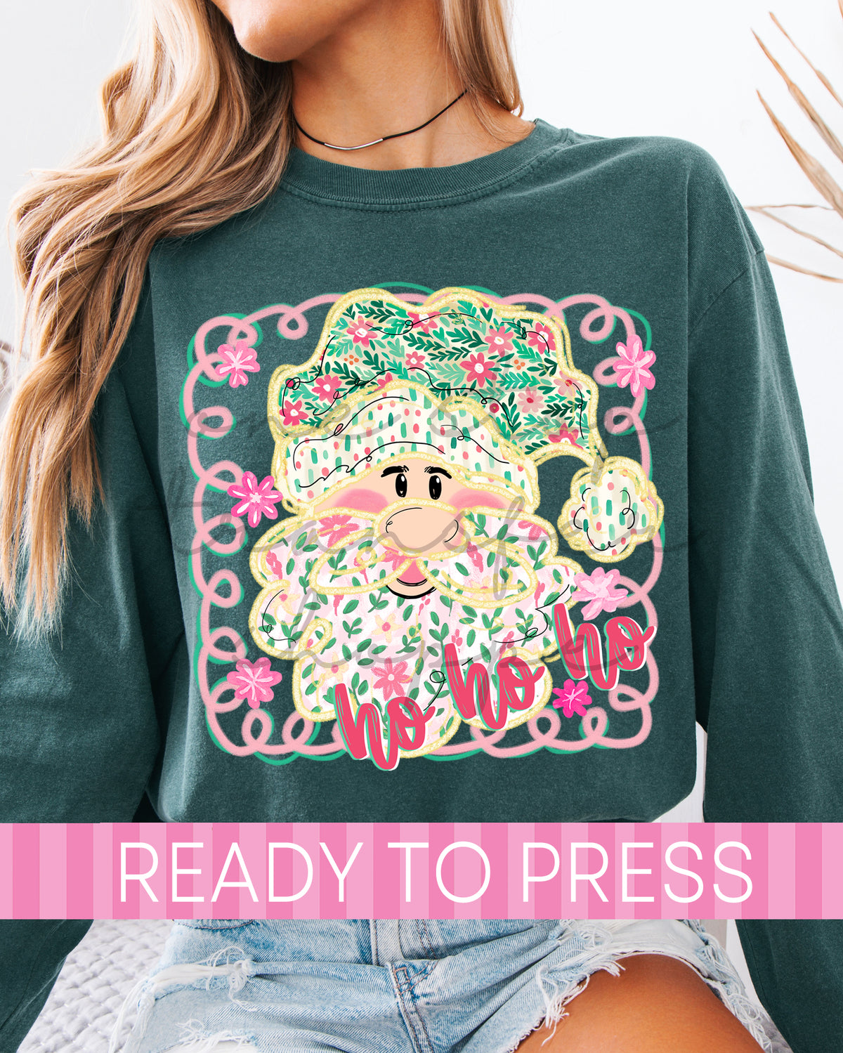 Preppy Watercolor Floral Ho Ho Ho Santa - Ready to Press DTF Transfers