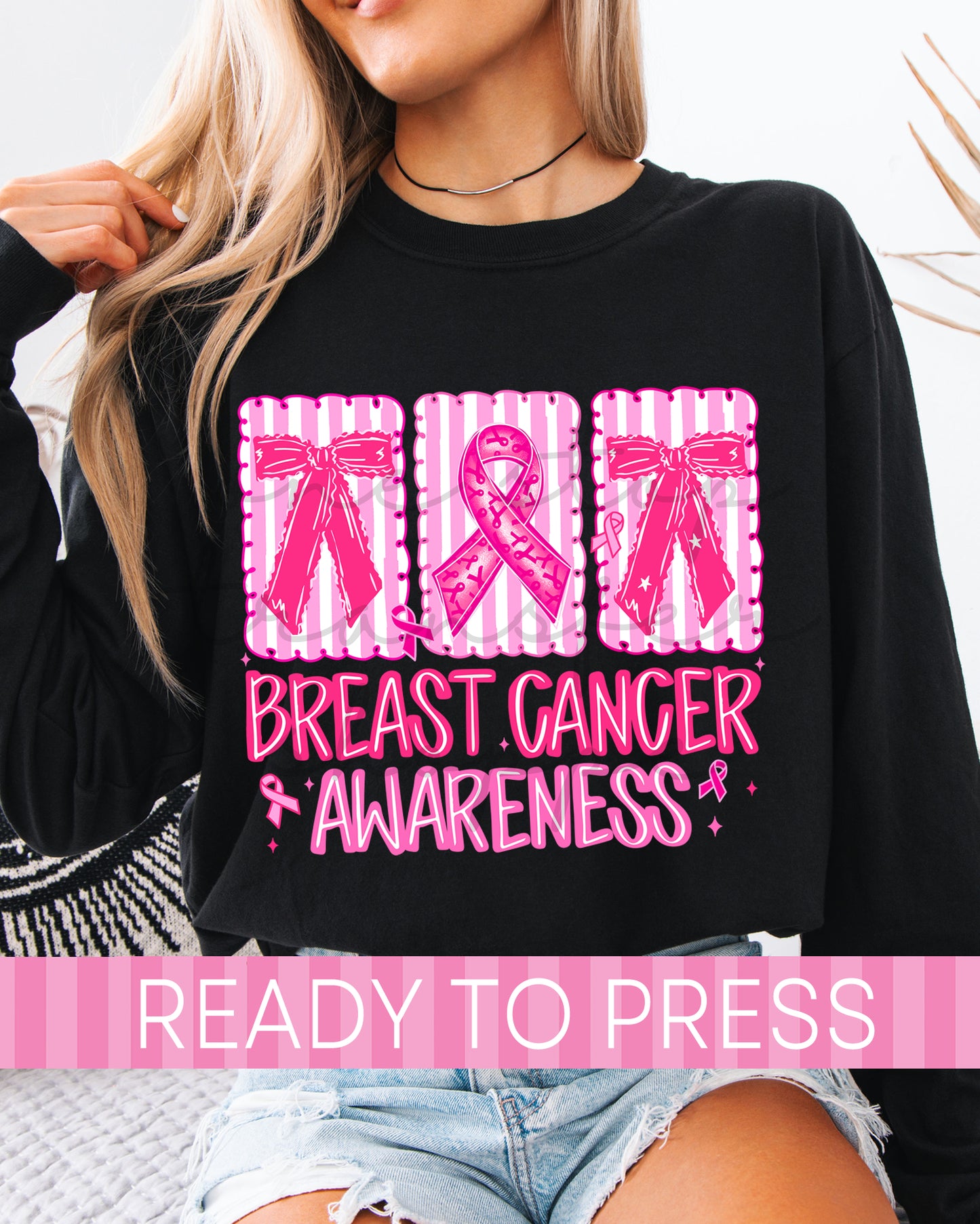 Preppy Coquette Breast Cancer Awareness Striped Panels - Ready to Press DTF Transfers