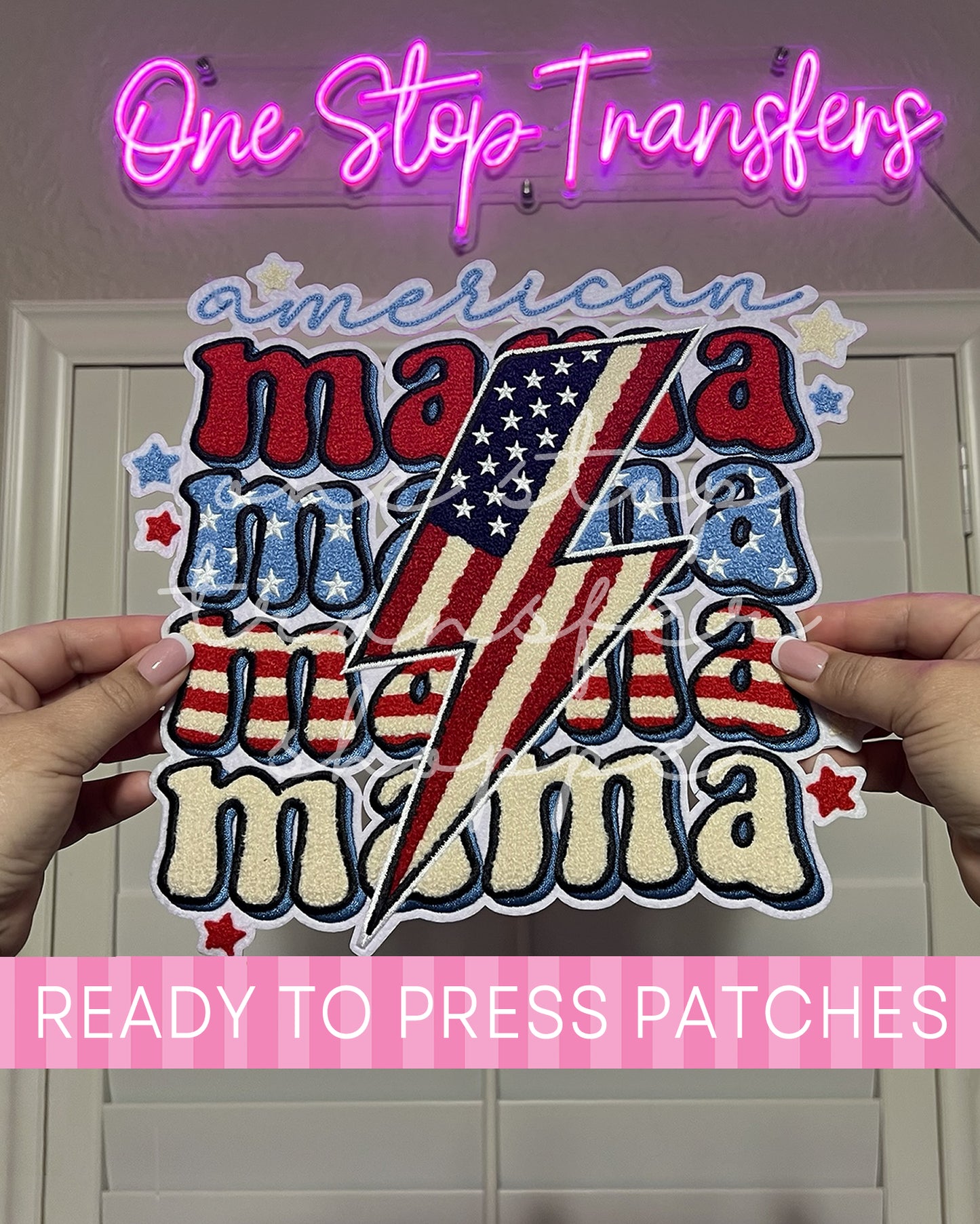 Stacked American Mama Lightning Chenille Iron On Patch - Ready to Press Patches