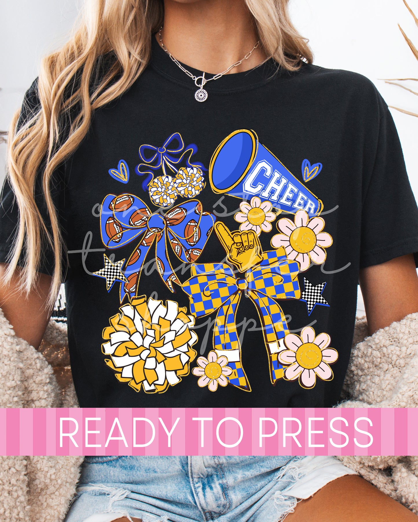 Blue and Gold Checker Coquette CHEER - Ready to Press DTF Transfers