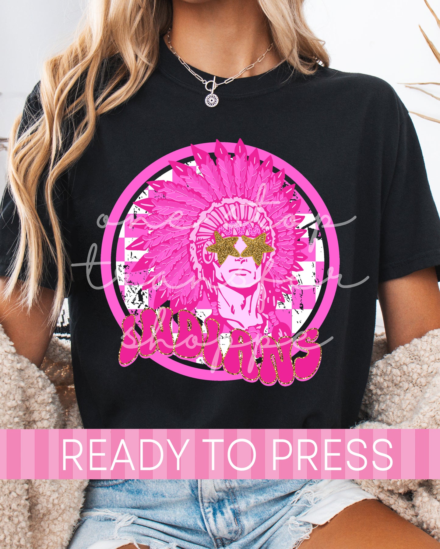 Checker Pink Out Indians School Mascot - Ready to Press DTF Transfers