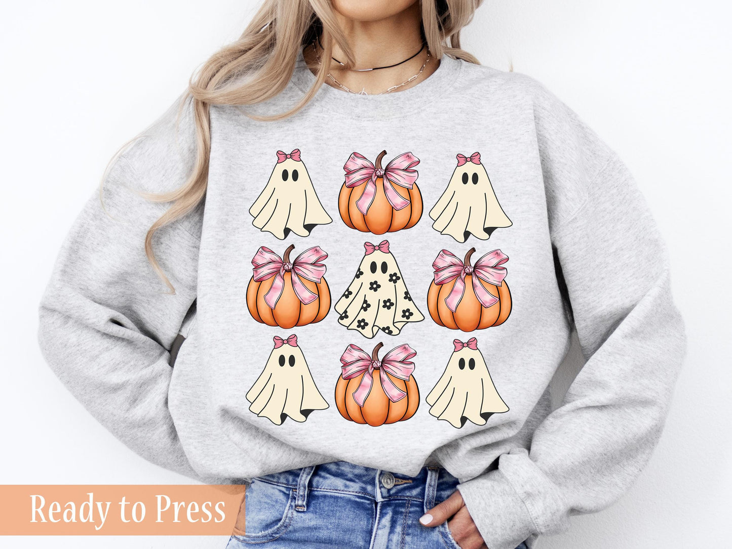 Coquette Ghost and Pumpkins Pink Bows- Ready to Press DTF Transfers