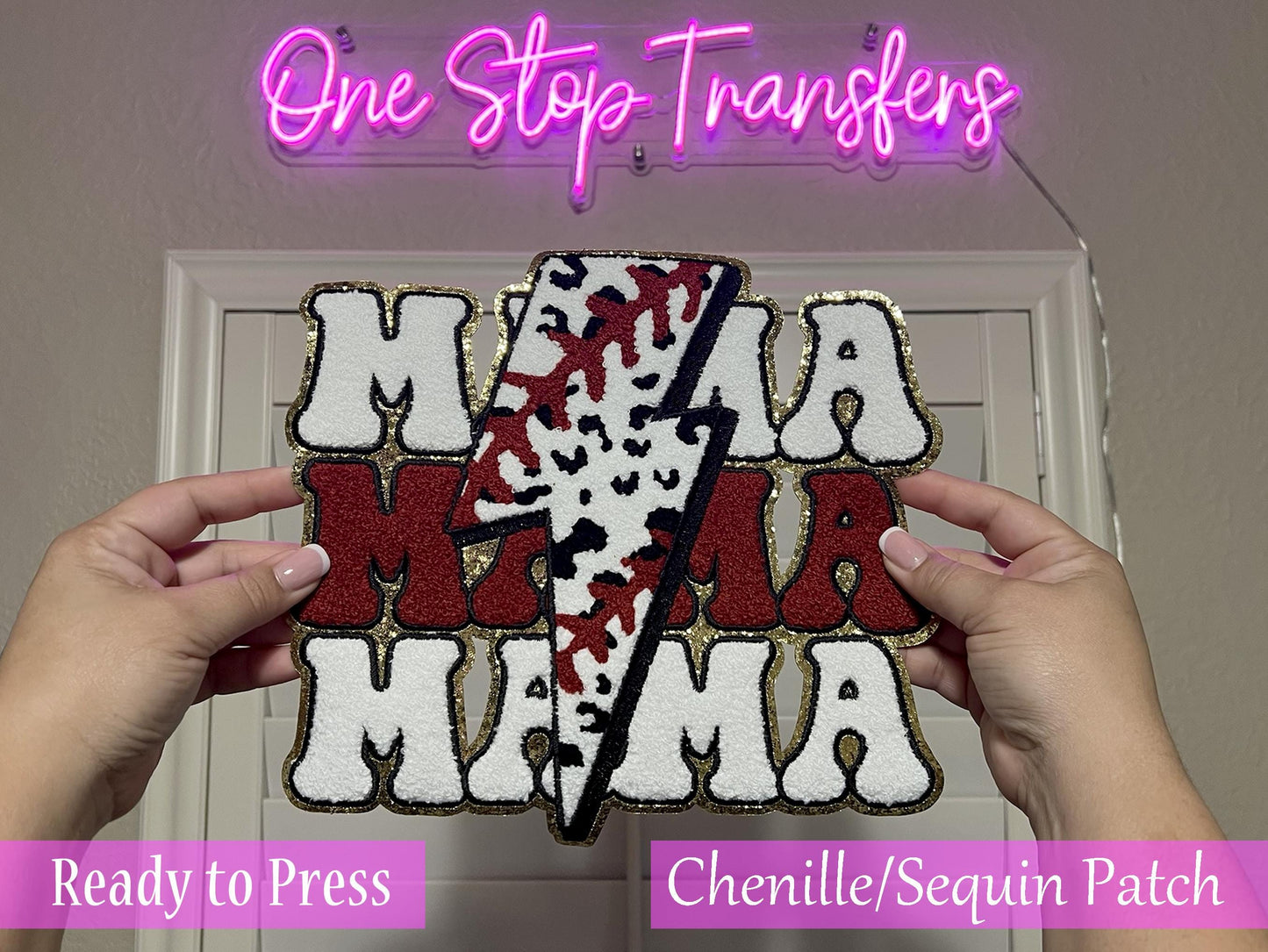 Stacked Leopard Lightning Baseball MAMA Chenille Iron On Patch - Ready to Press Patches