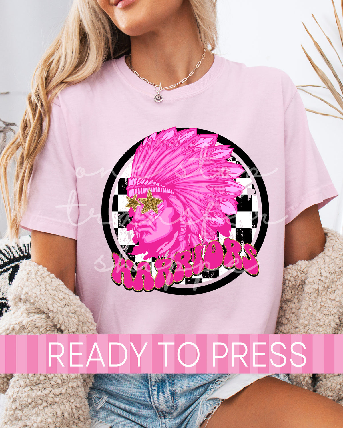 Checker Pink Warriors School Mascot - Ready to Press DTF Transfers