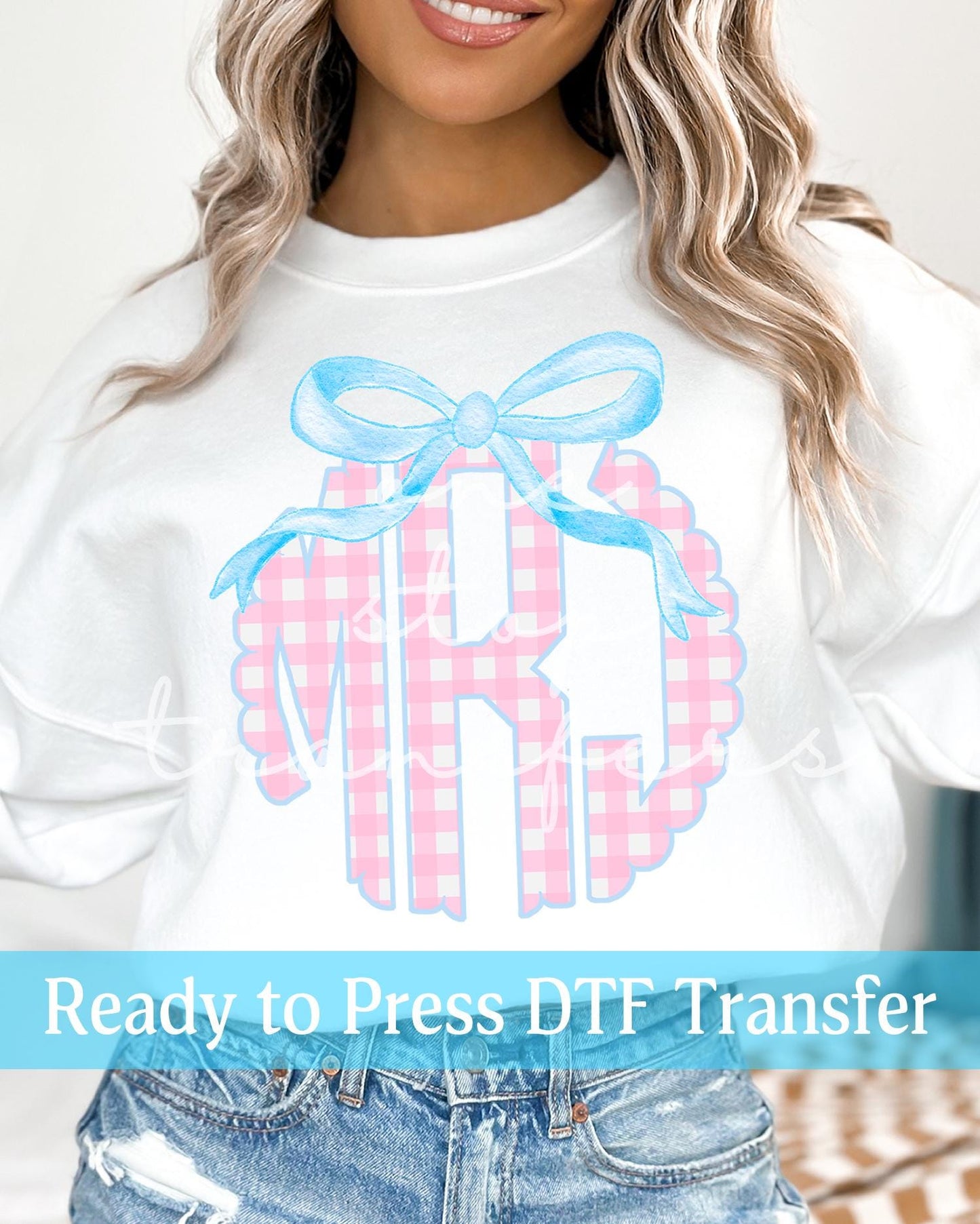 Preppy Pink Gingham Blue Outline Coquette Monogram - Ready to Press DTF Transfers
