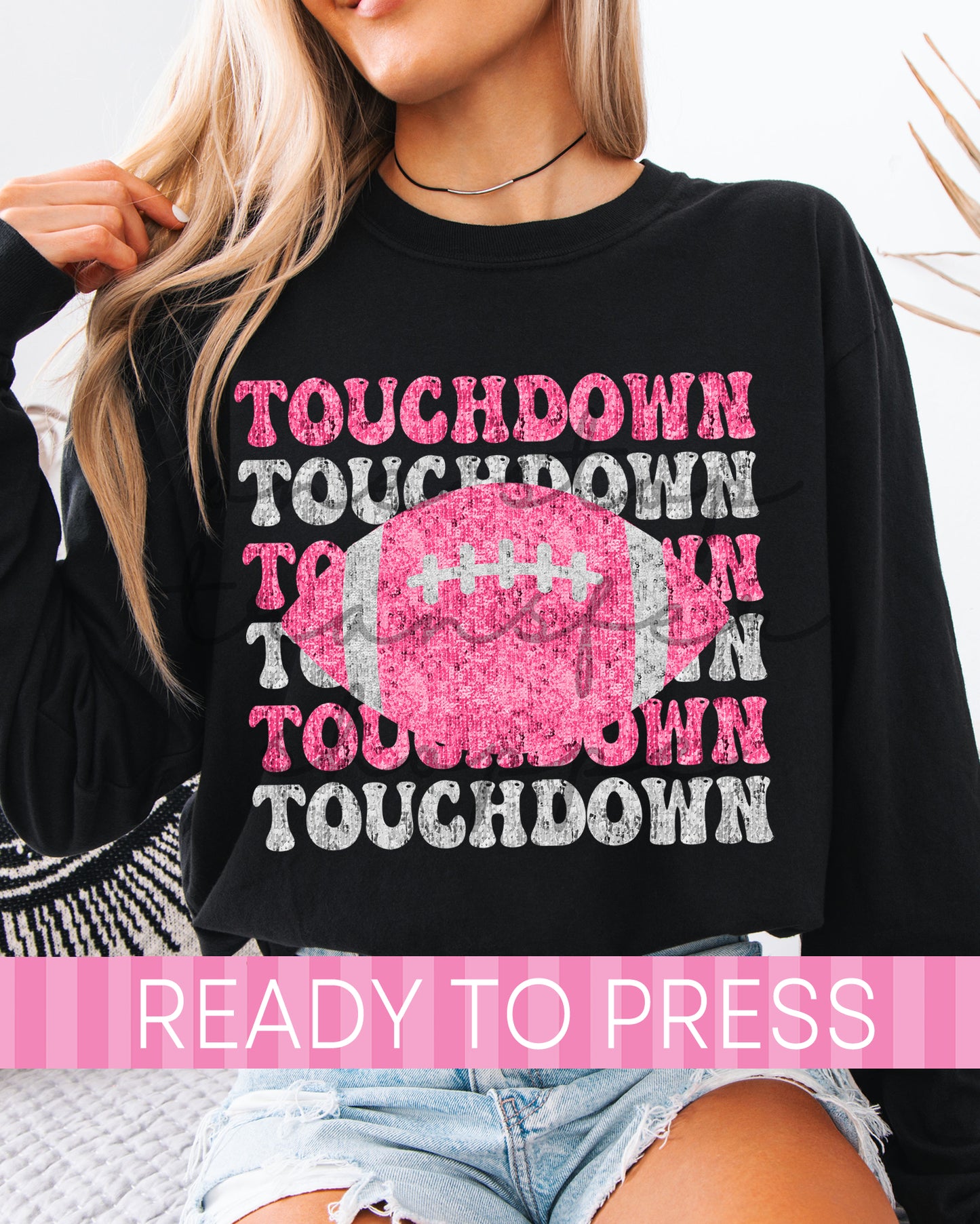 Faux Sequins Pink Out Football Stacked TOUCHDOWN - Ready to Press DTF Transfers