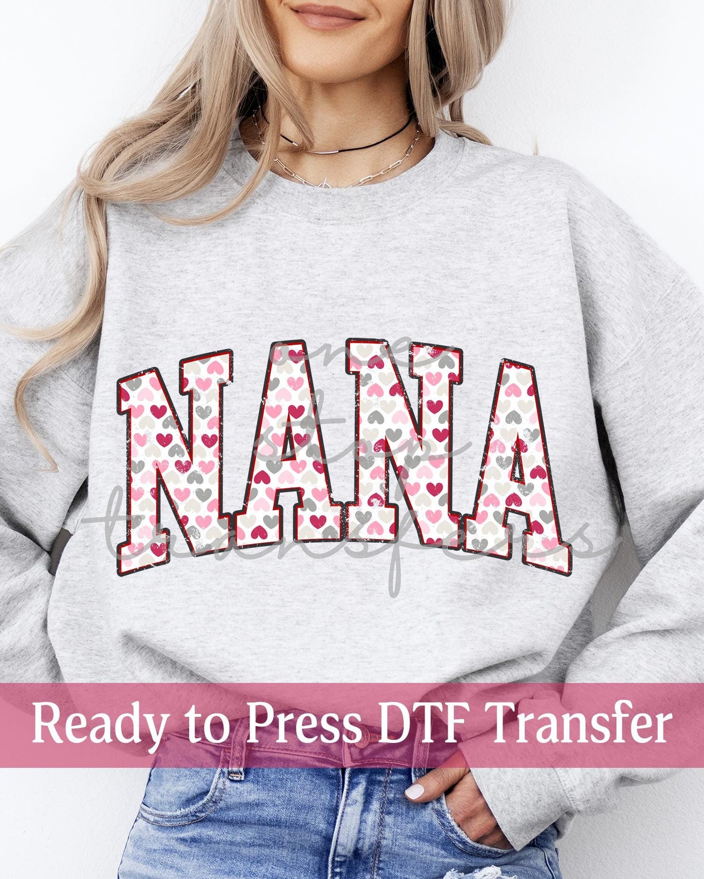 Valentine's Day Distressed Pink and Gray Hearts Varsity NANA - Ready to Press DTF Transfers