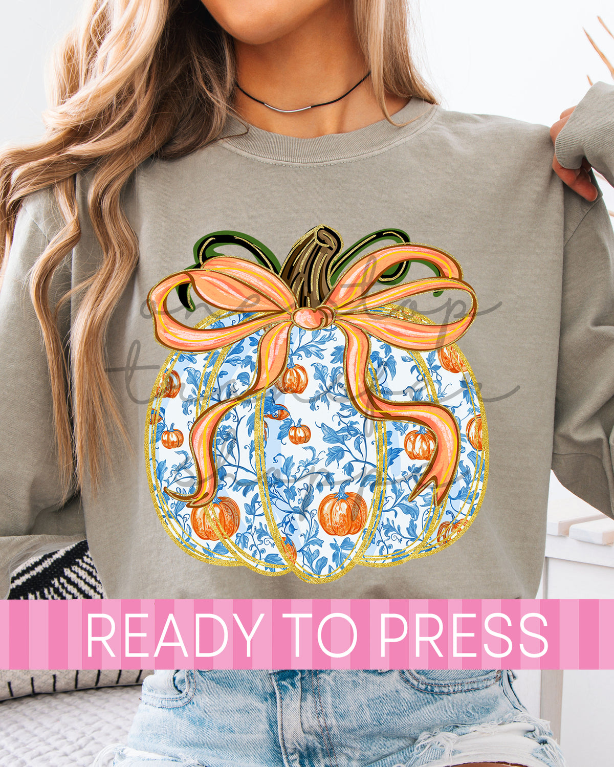 Elegant Coquette Blue Chinoiserie Fall Pumpkin - Ready to Press DTF Transfers