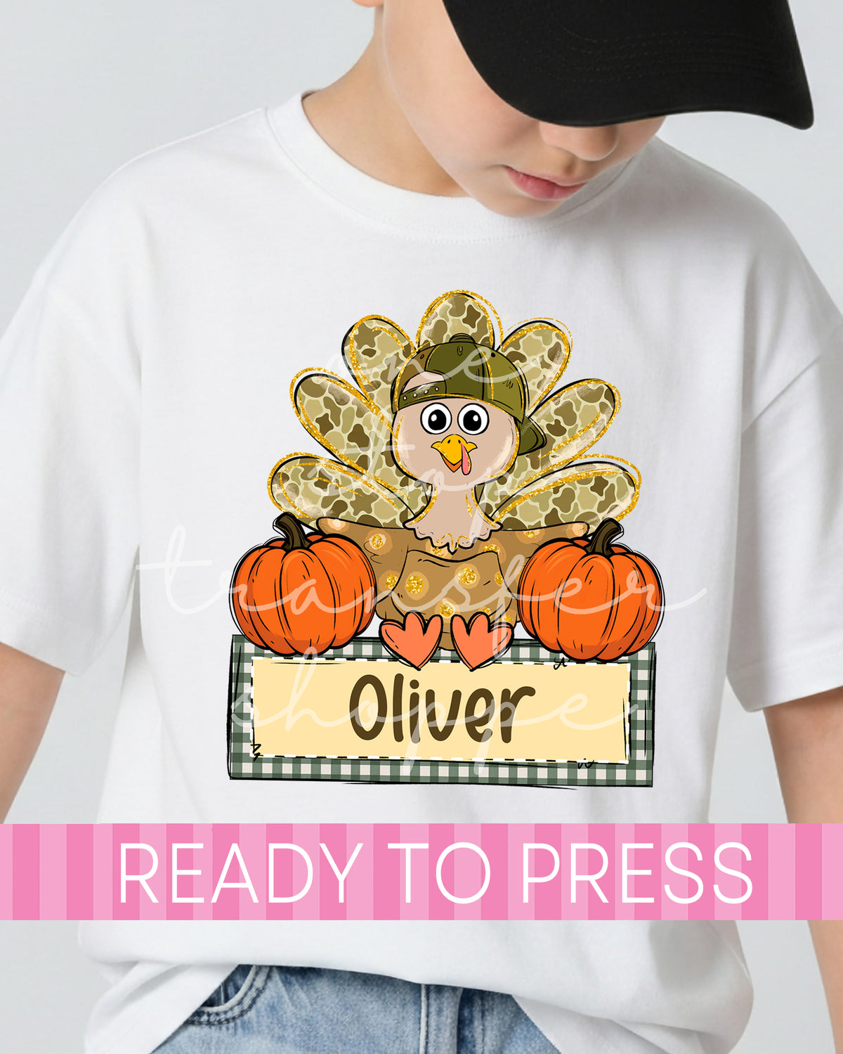 Custom Name Boy Green Camouflage Hat Turkey - Ready to Press DTF Transfers
