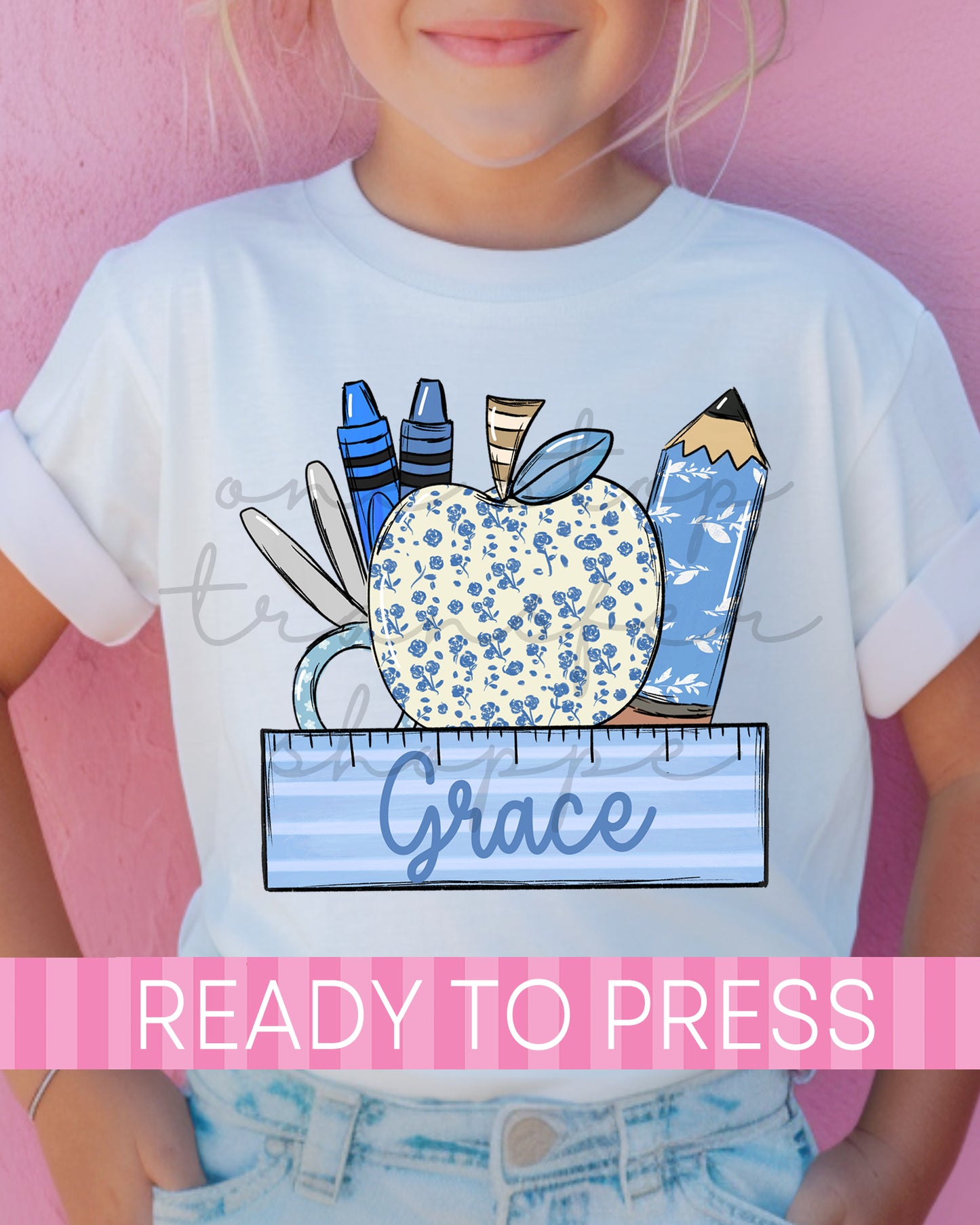 Custom Name Preppy Blue Floral School Supplies - Ready to Press DTF Transfers