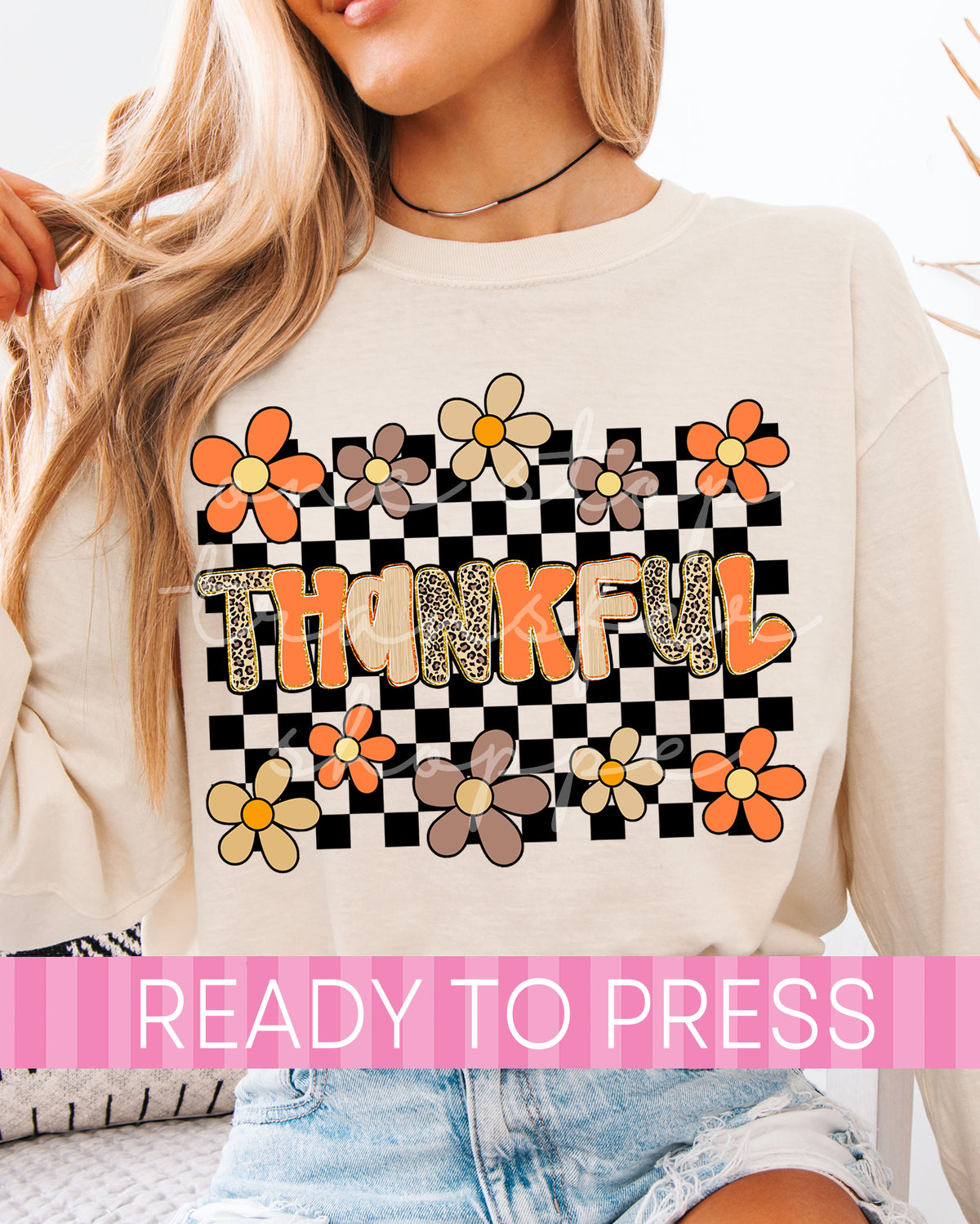 Boho Checker Floral THANKFUL - Ready to Press DTF Transfers