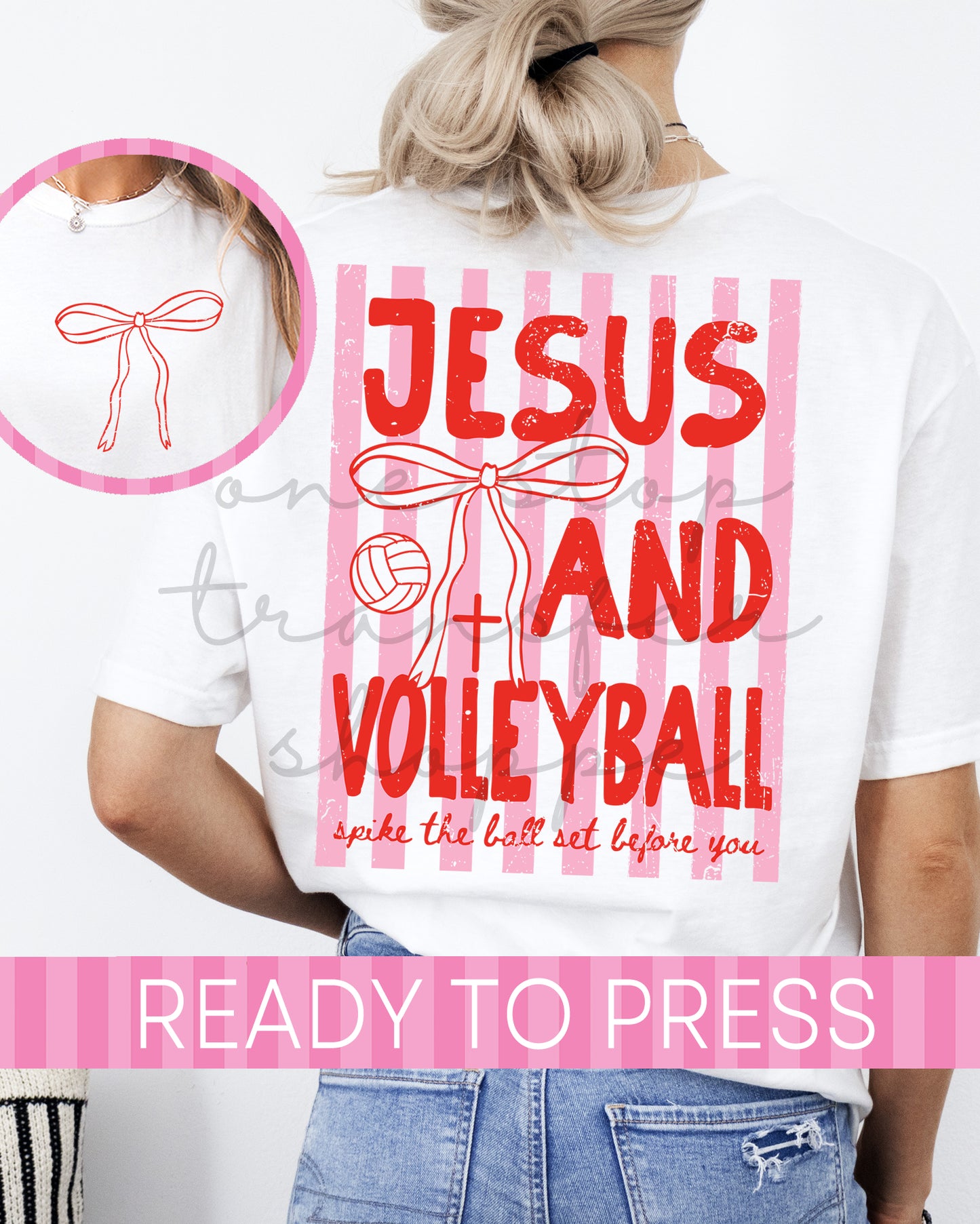 Red and Pink Jesus and Volleyball Stripes - Ready to Press DTF Transfer with Pocket