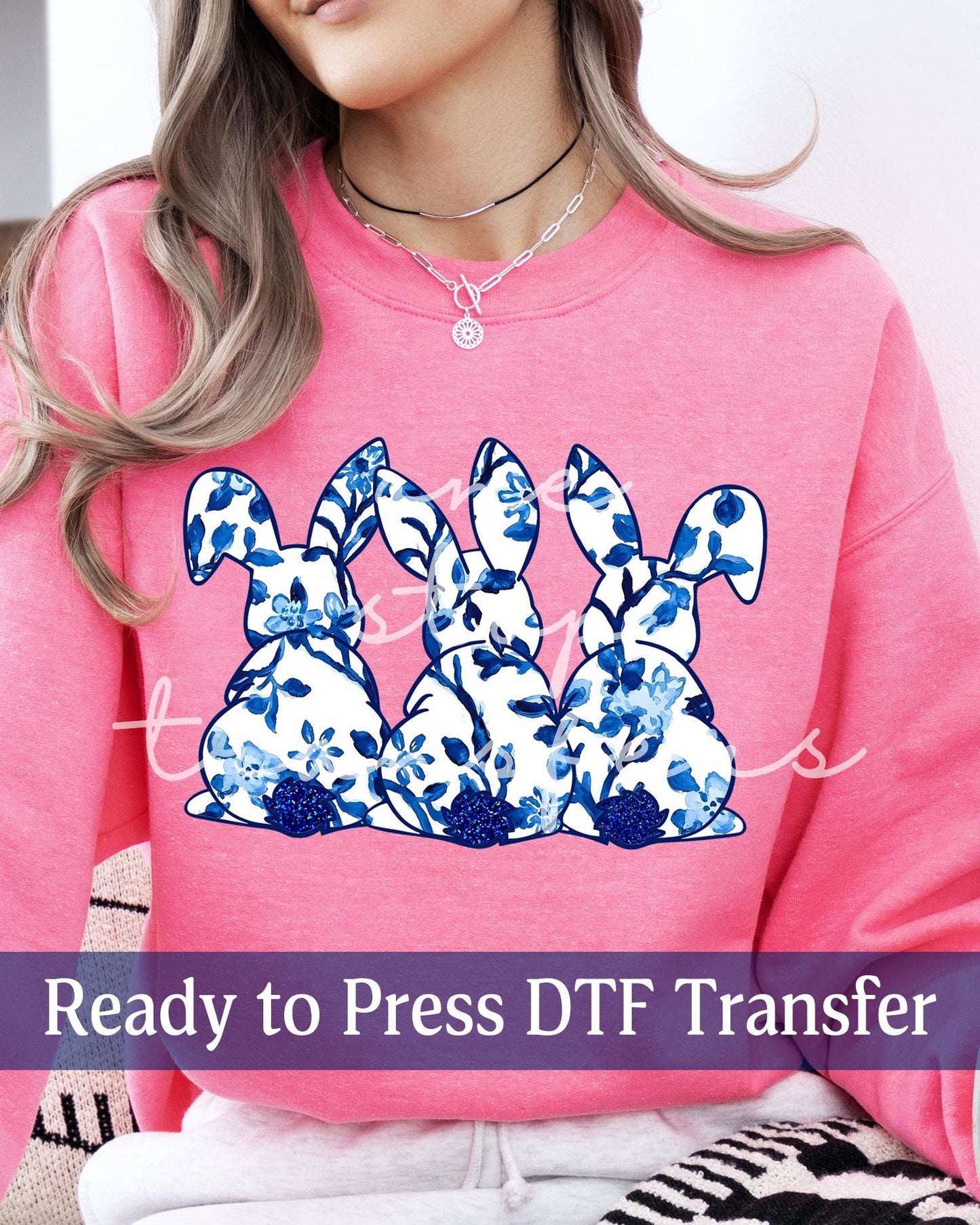 Blue Chinoiserie Bunny Trio - Ready to Press DTF Transfers