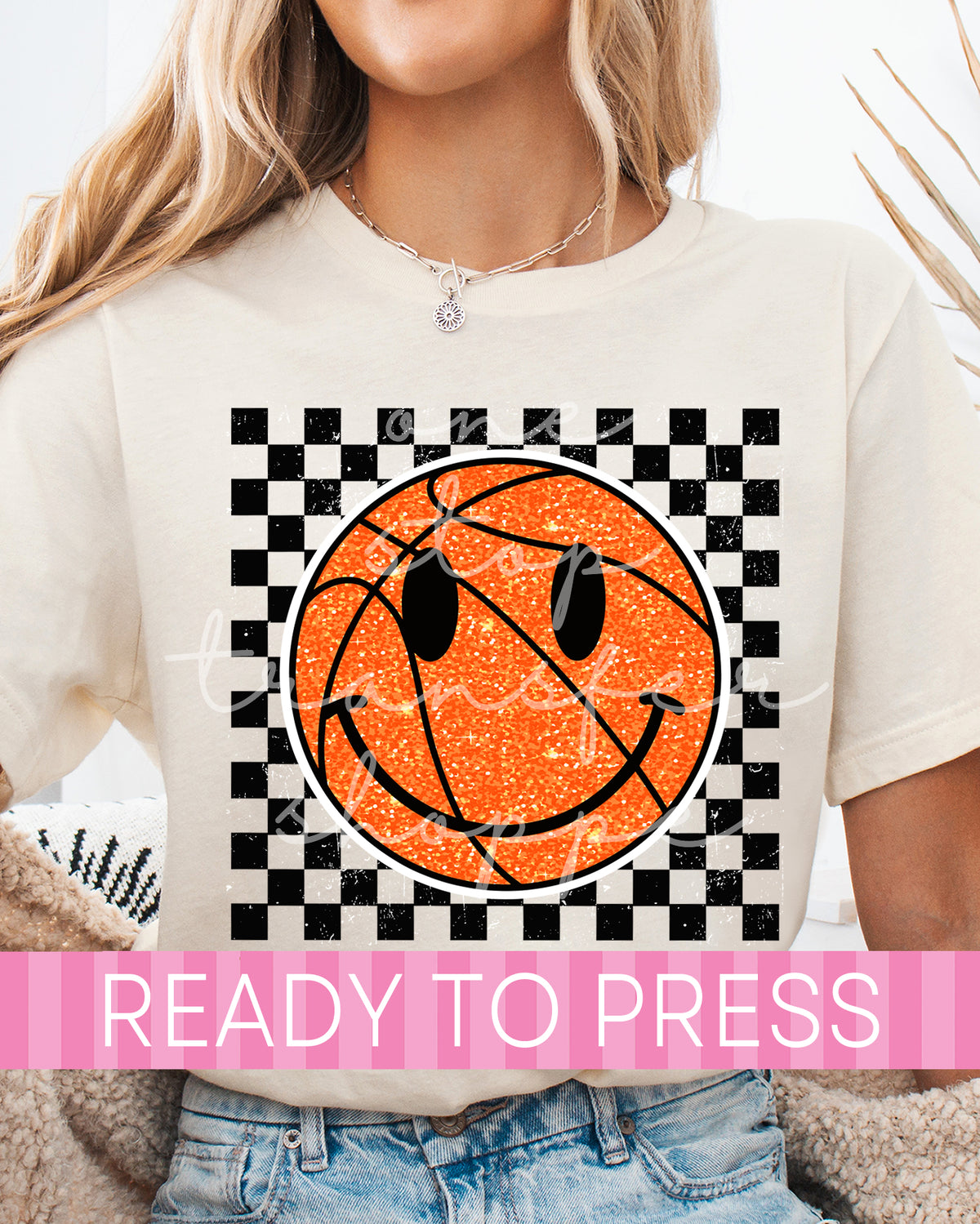 Checker Faux Glitter Basketball Smiley Face - Ready to Press DTF Transfers