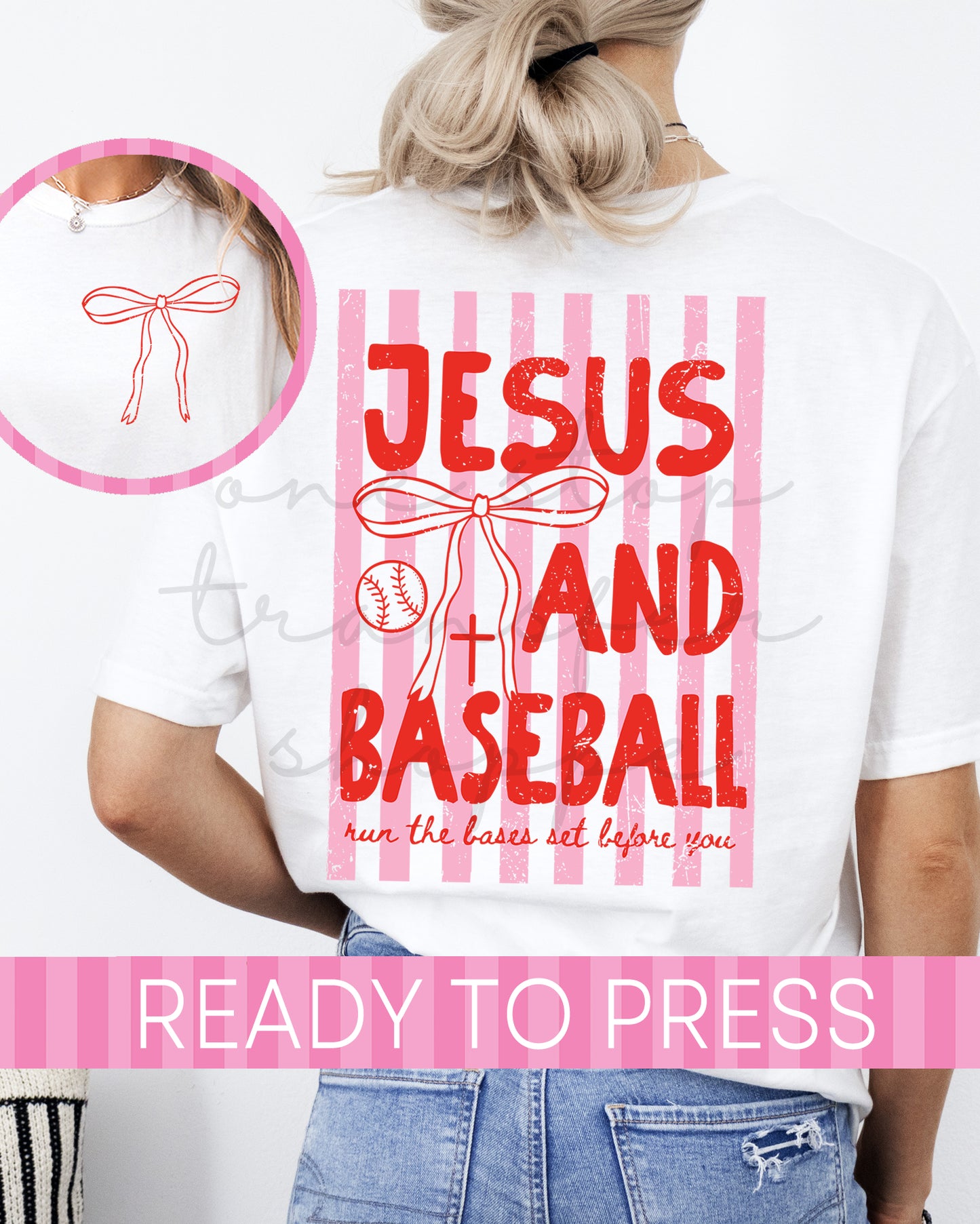 Red and Pink Jesus and Baseball Stripes - Ready to Press DTF Transfer with Pocket