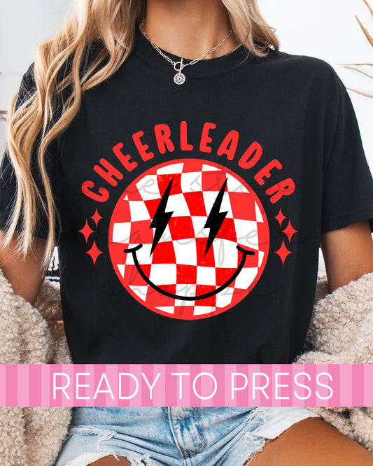 Red Checker Smiley Face Cheerleader - Ready to Press DTF Transfers