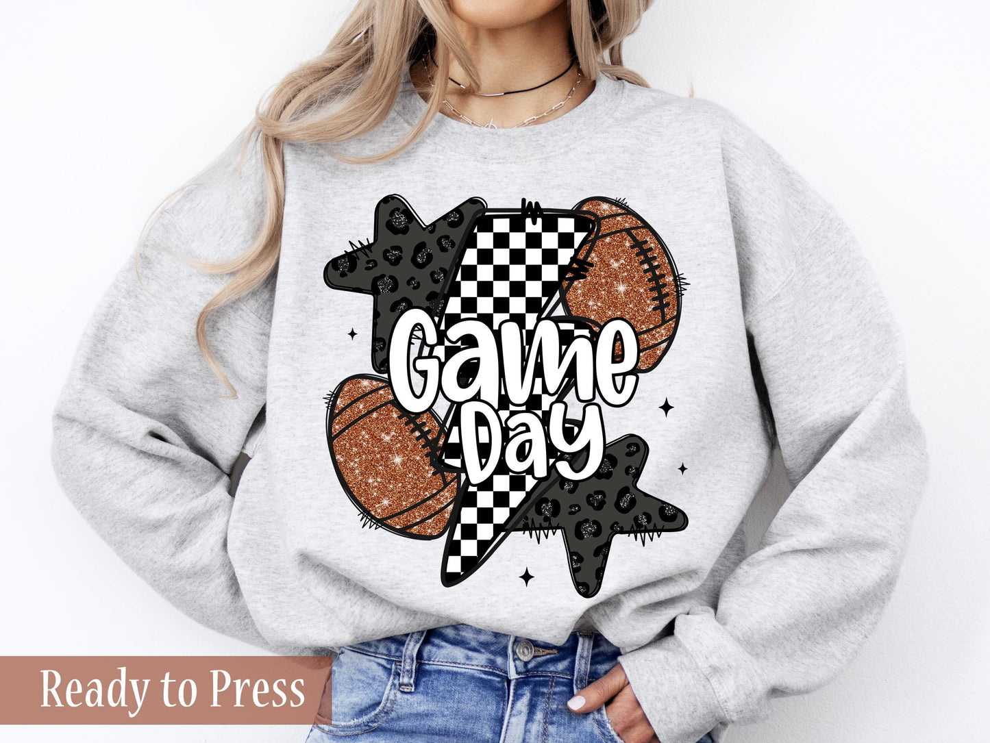 Faux Glitter Checker Lightning Football Game Day - Ready to Press DTF Transfers