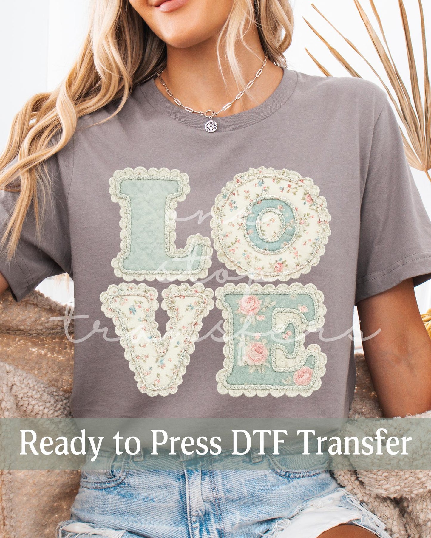 Valentine's Day Shabby Chic Vintage Roses Faux Embroidered LOVE - Ready to Press DTF Transfers