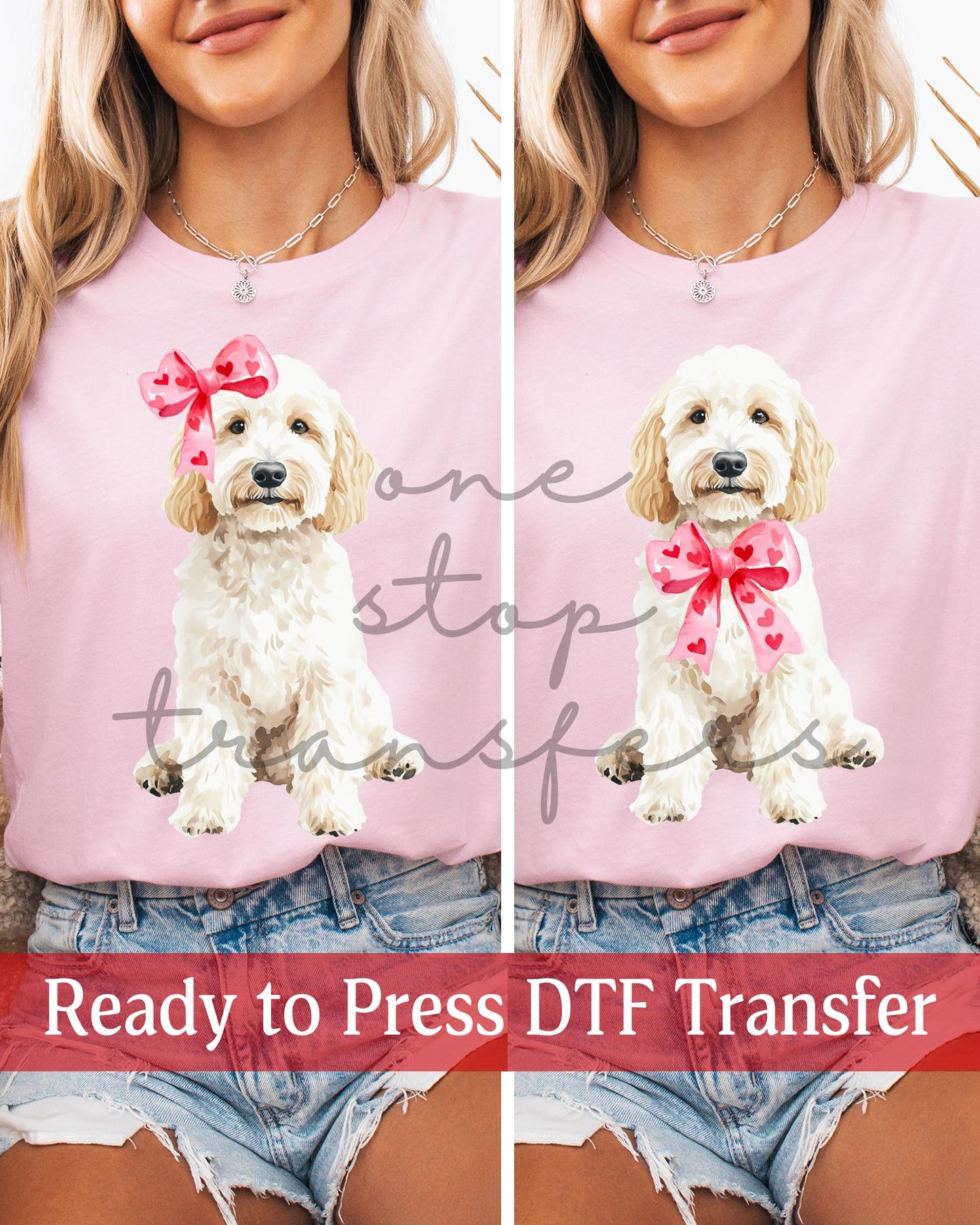 Preppy Watercolor Valentine's Day Bow Girl Boy Cream Goldendoodle - Ready to Press DTF Transfers