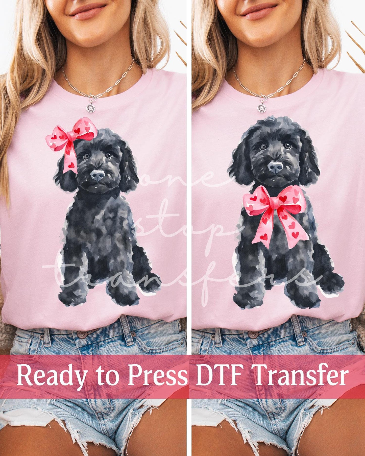 Preppy Watercolor Valentine's Day Bow Girl Boy Black Goldendoodle - Ready to Press DTF Transfers