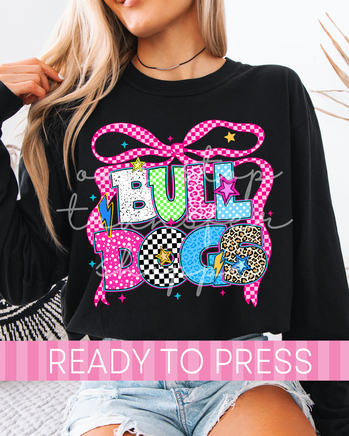 Funky Neon Leopard Checker Coquette Bulldogs Mascot - Ready to Press DTF Transfers