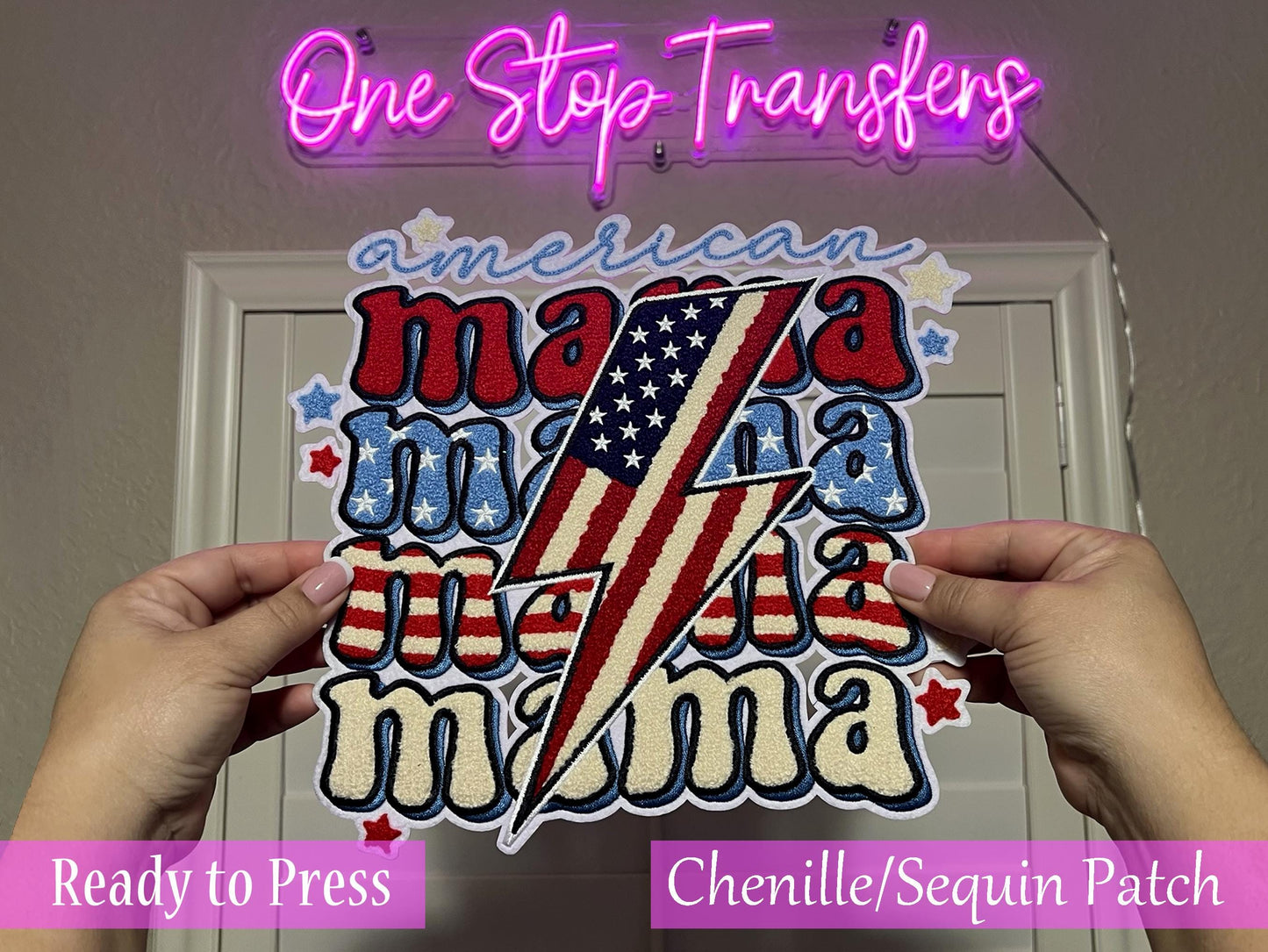 Stacked American Mama Lightning Chenille Iron On Patch - Ready to Press Patches