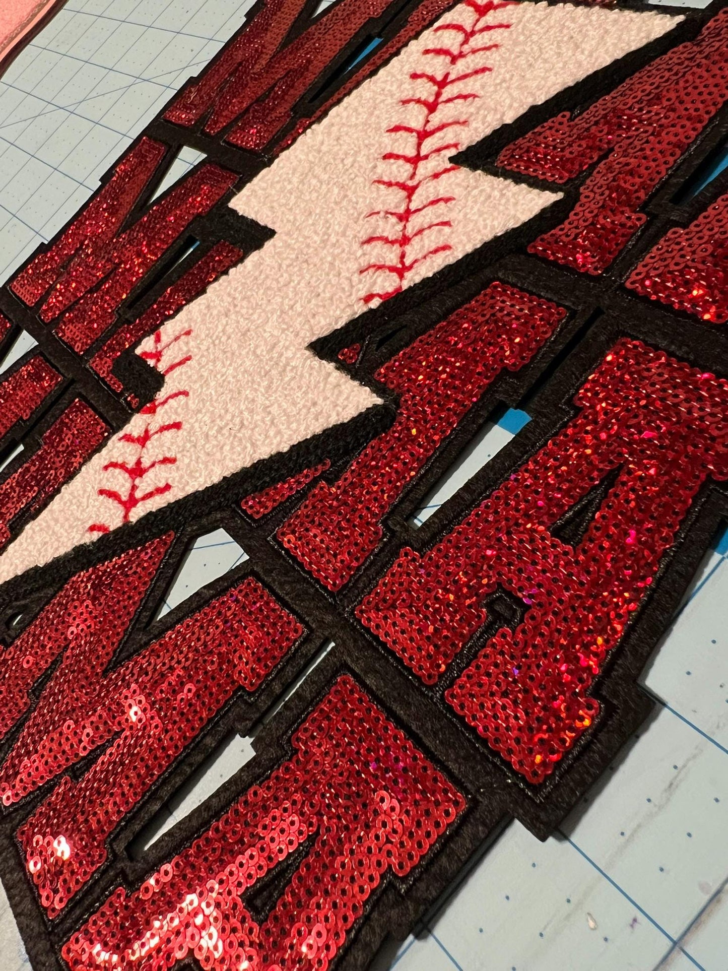 Stacked Lightning Baseball MAMA Chenille Sequin Iron On Patch - Ready to Press Patches