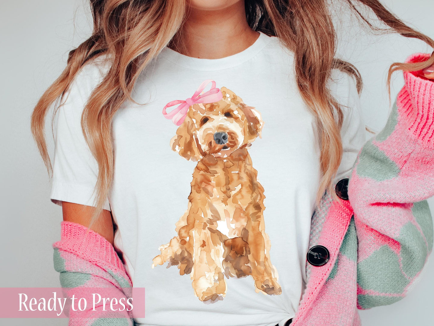 Preppy Watercolor Pink Bow Girl Tan Goldendoodle - Ready to Press DTF Transfers