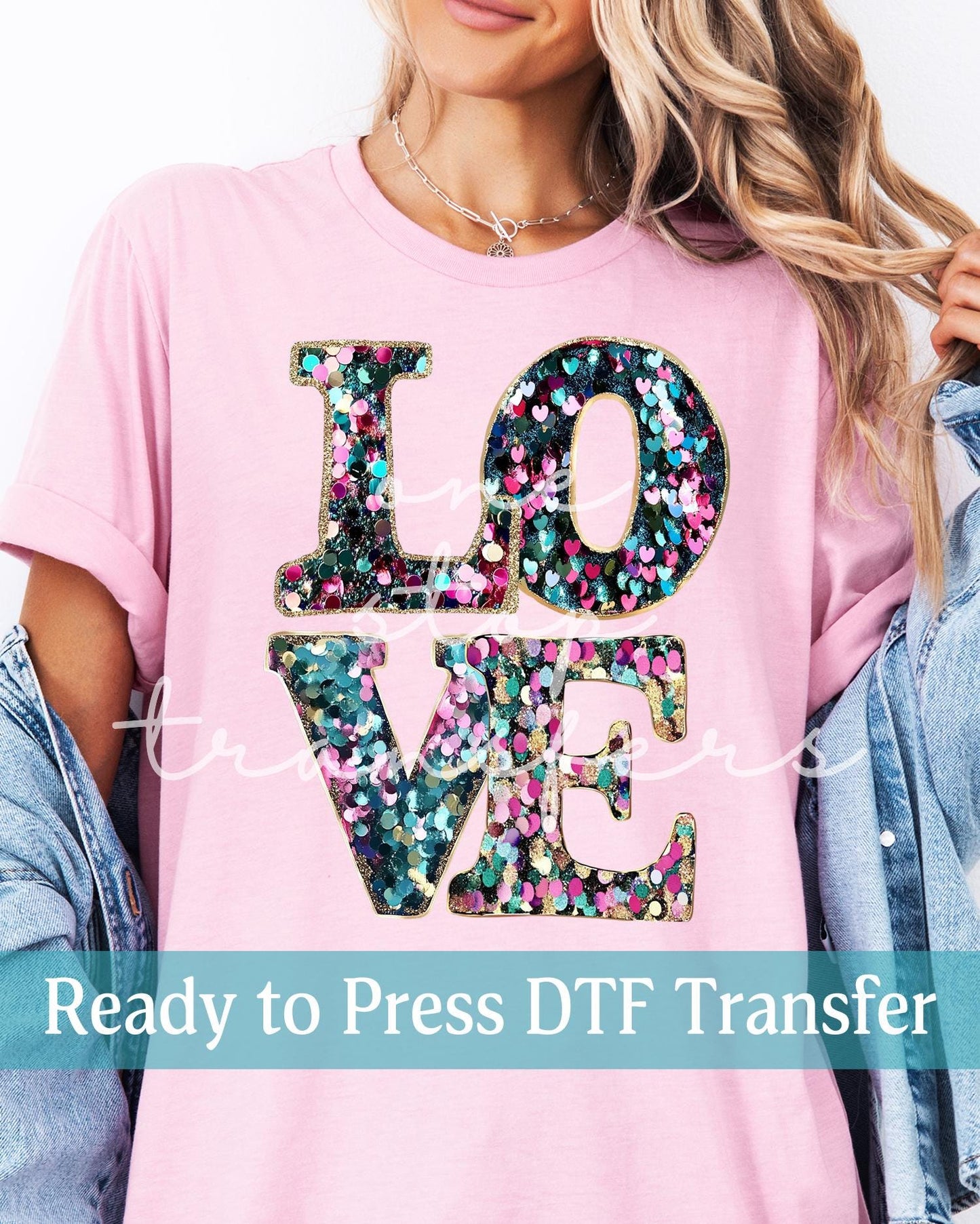 Valentine's Day Faux Glitter Sequin Hearts LOVE - Ready to Press DTF Transfers
