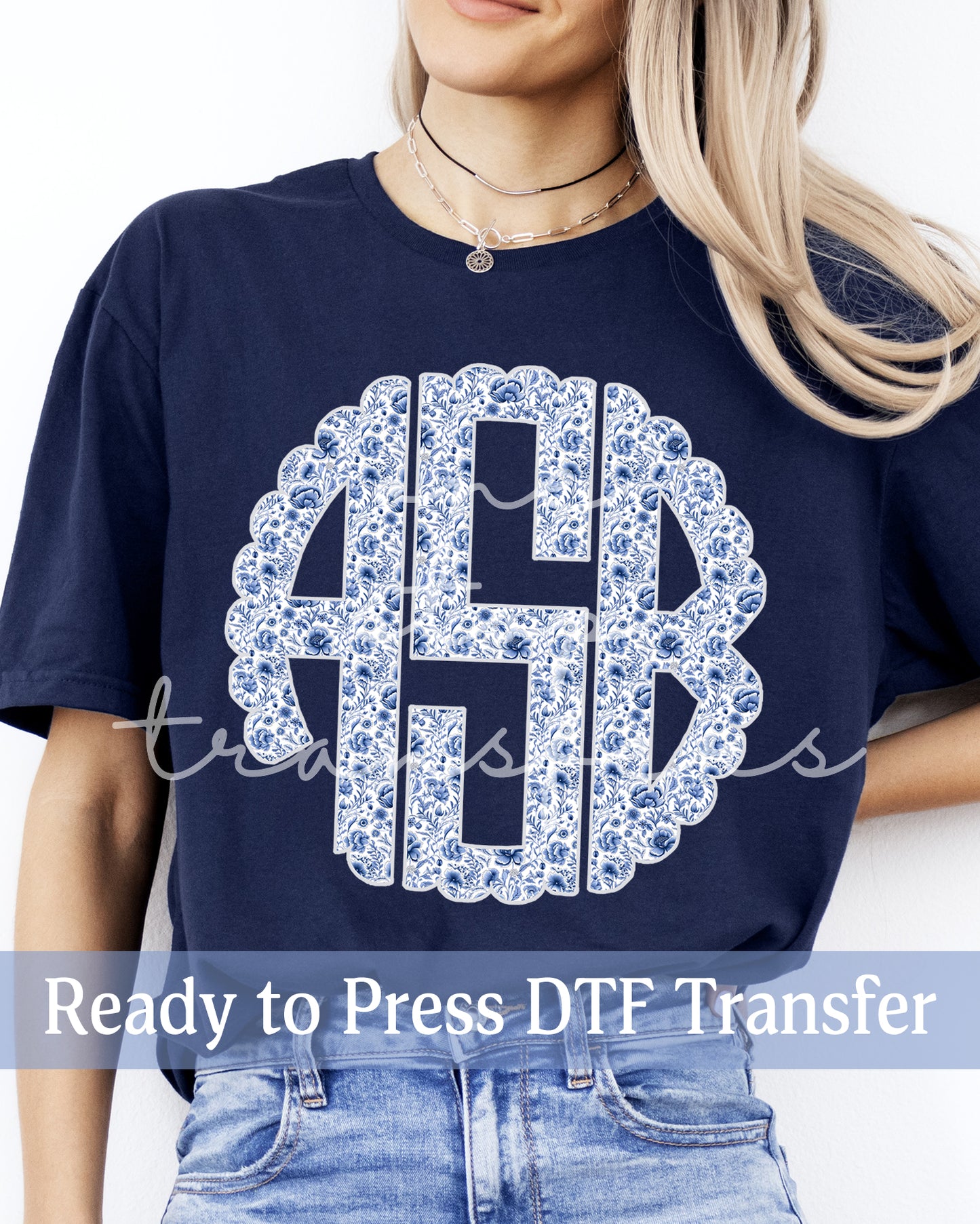 Personalized Blue Chinoiserie Floral Scallop Circle Monogram - Ready to Press DTF Transfers