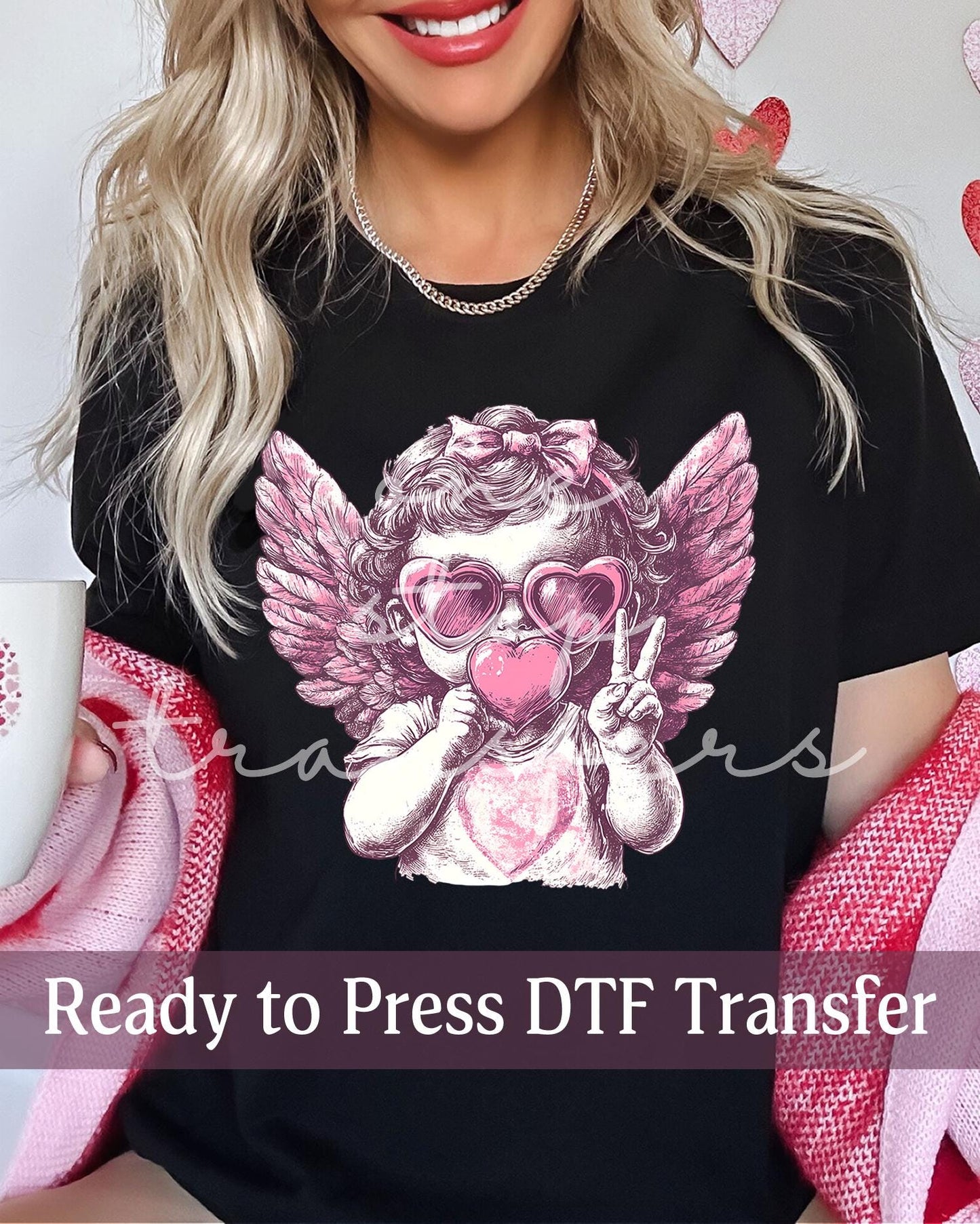 Valentine's Day Vintage Peace Sign Cherub Blowing Bubble - Ready to Press DTF Transfers