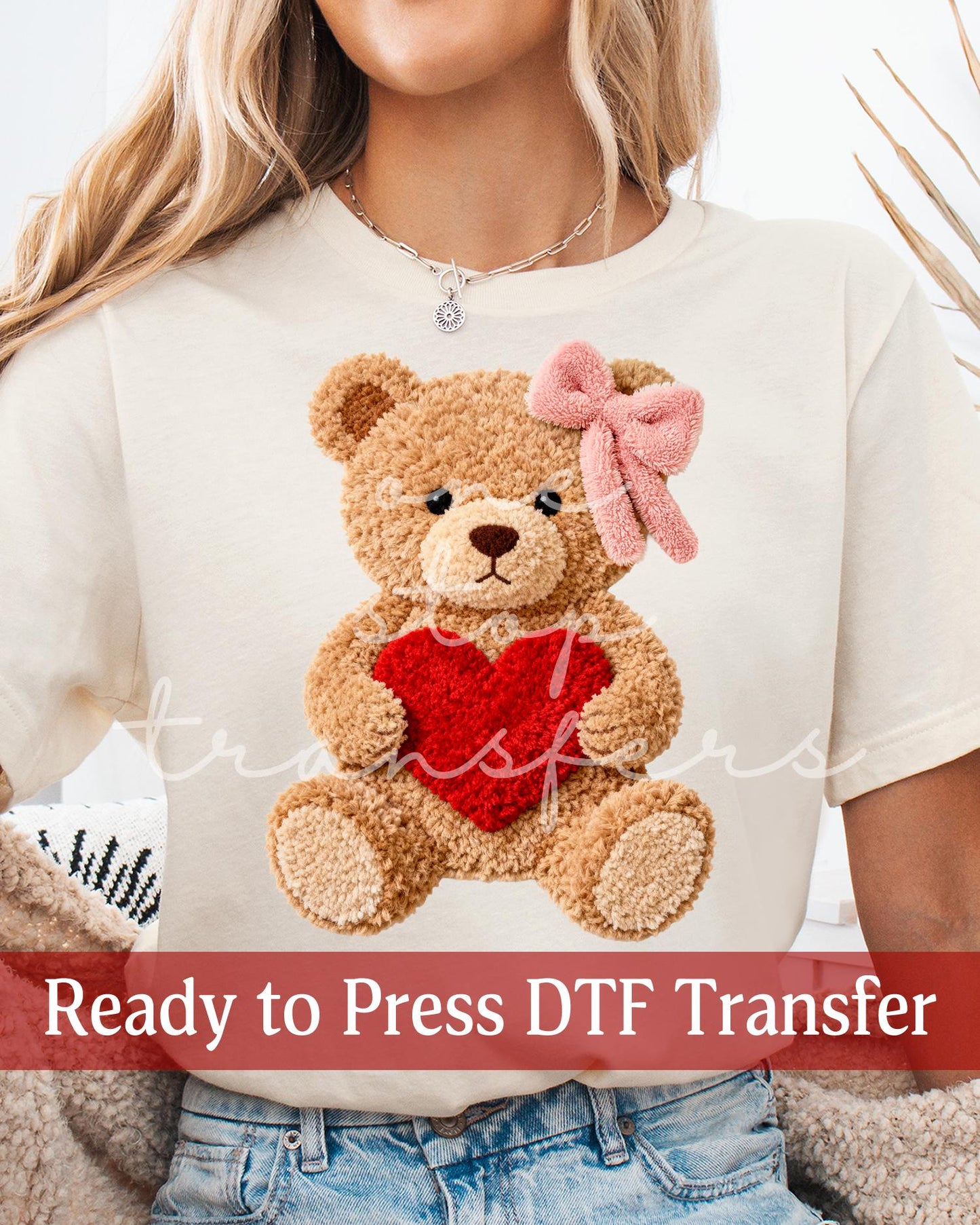 Faux Yarn Latch and Hook Valentine's Day Coquette Teddy Bear with Heart- Ready to Press DTF Transfers