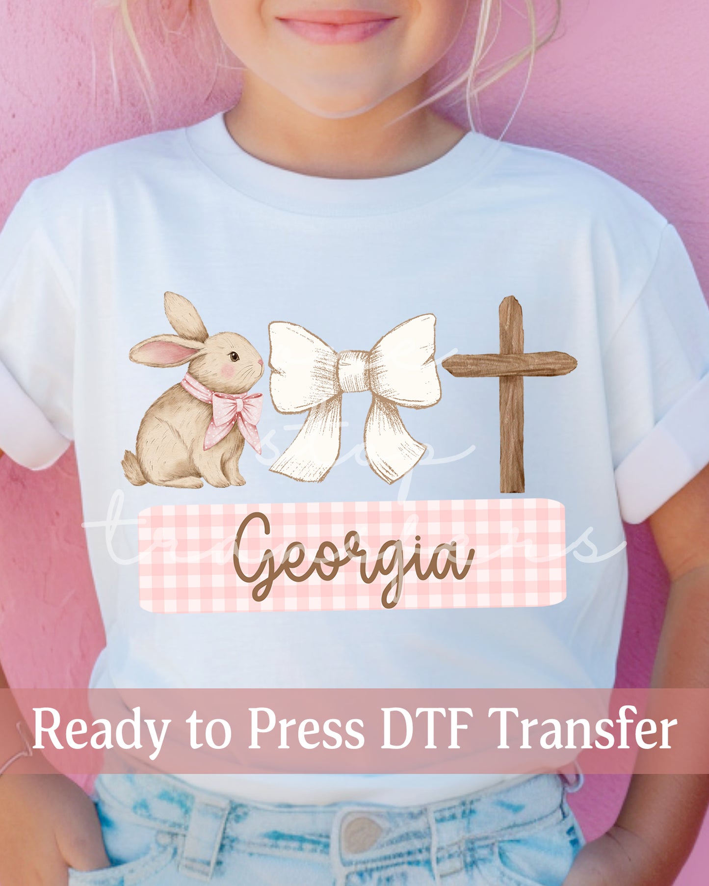 Custom Name Girl Easter Bunny Bow and Cross - Ready to Press DTF Transfers