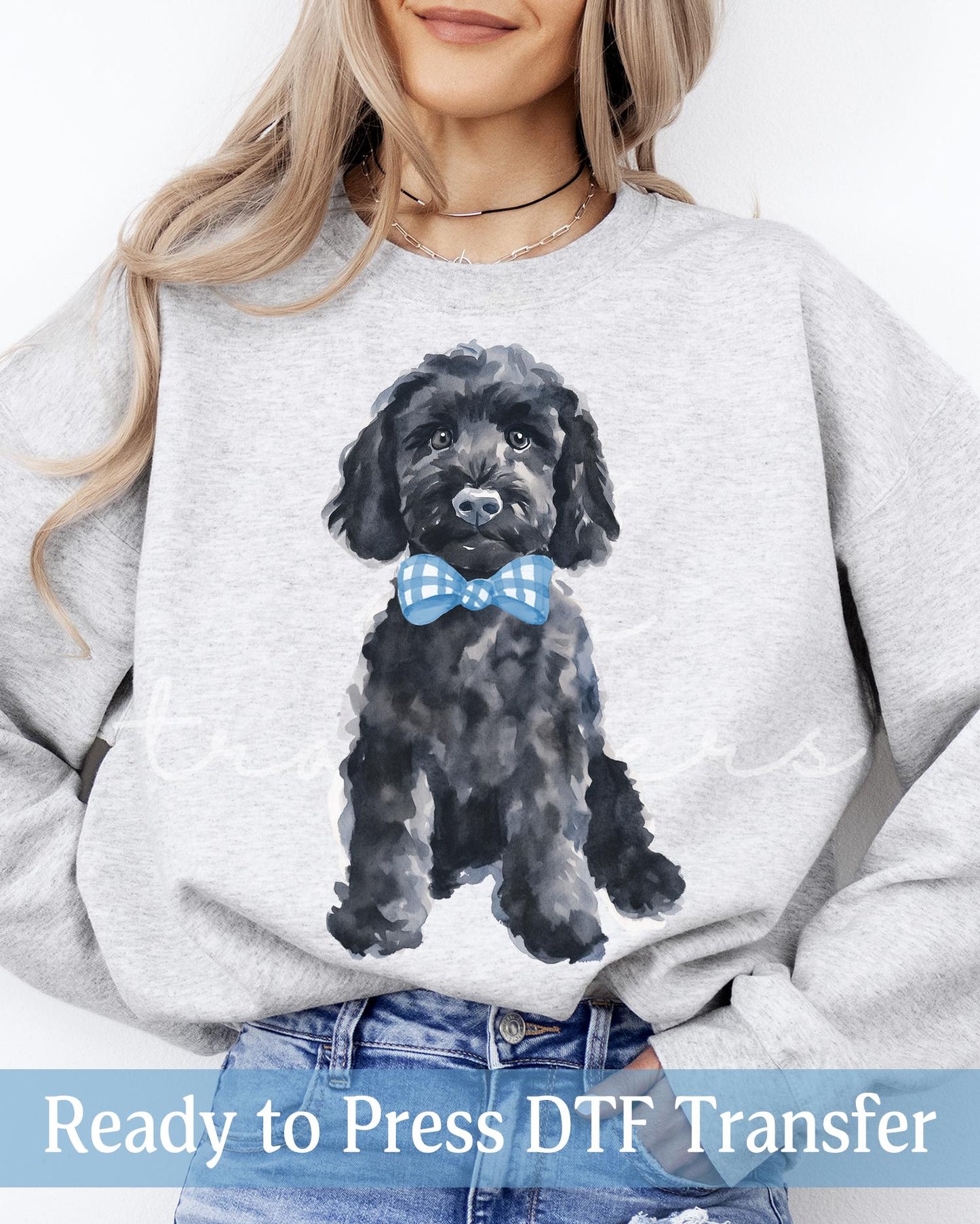 Preppy Watercolor Blue Bow Tie Black Goldendoodle - Ready to Press DTF Transfers