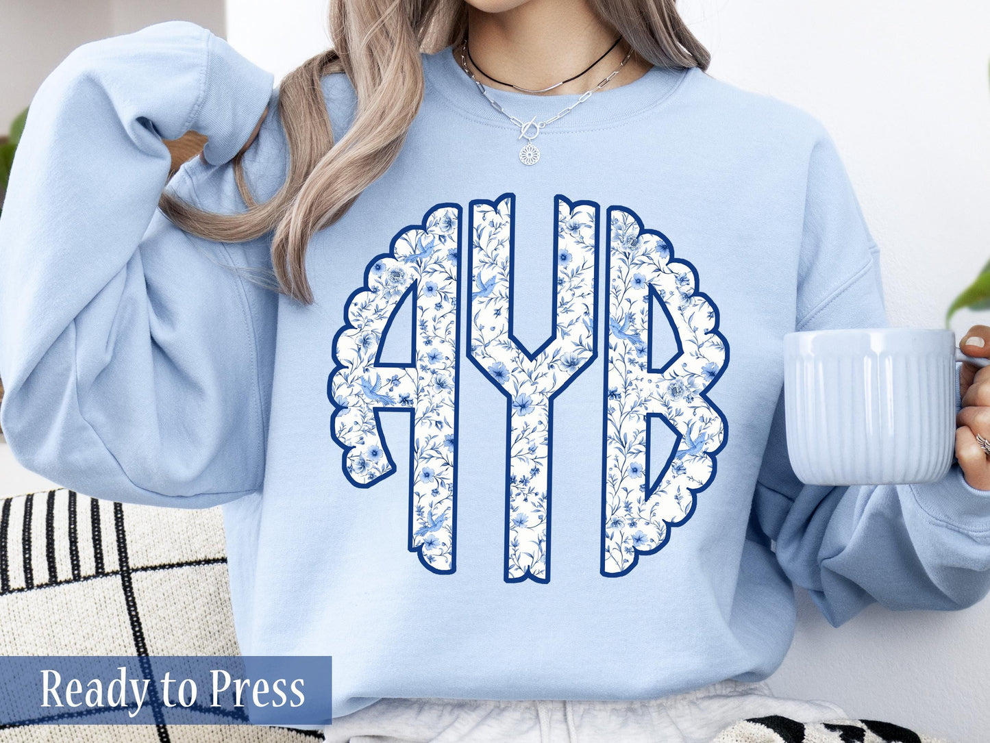 Personalized Blue Birds and Floral Scallop Circle Monogram - Ready to Press DTF Transfers