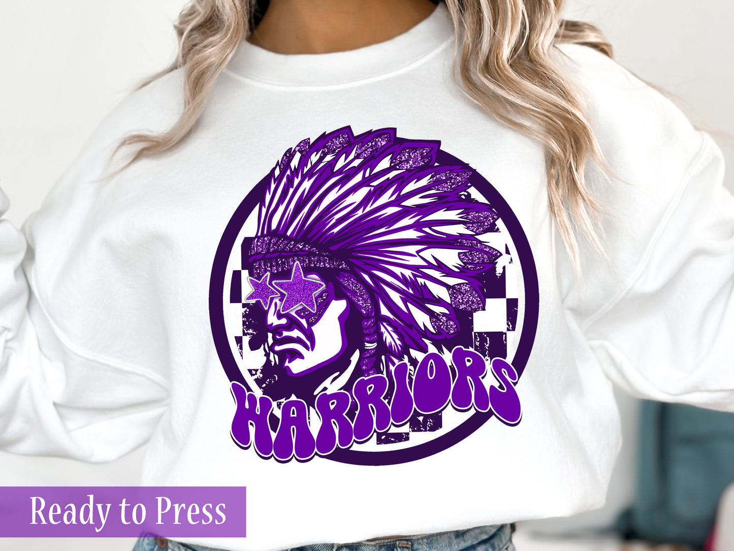 Preppy Faux Glitter Pink, Blue, Purple Warriors School Mascot - Ready to Press DTF Transfers