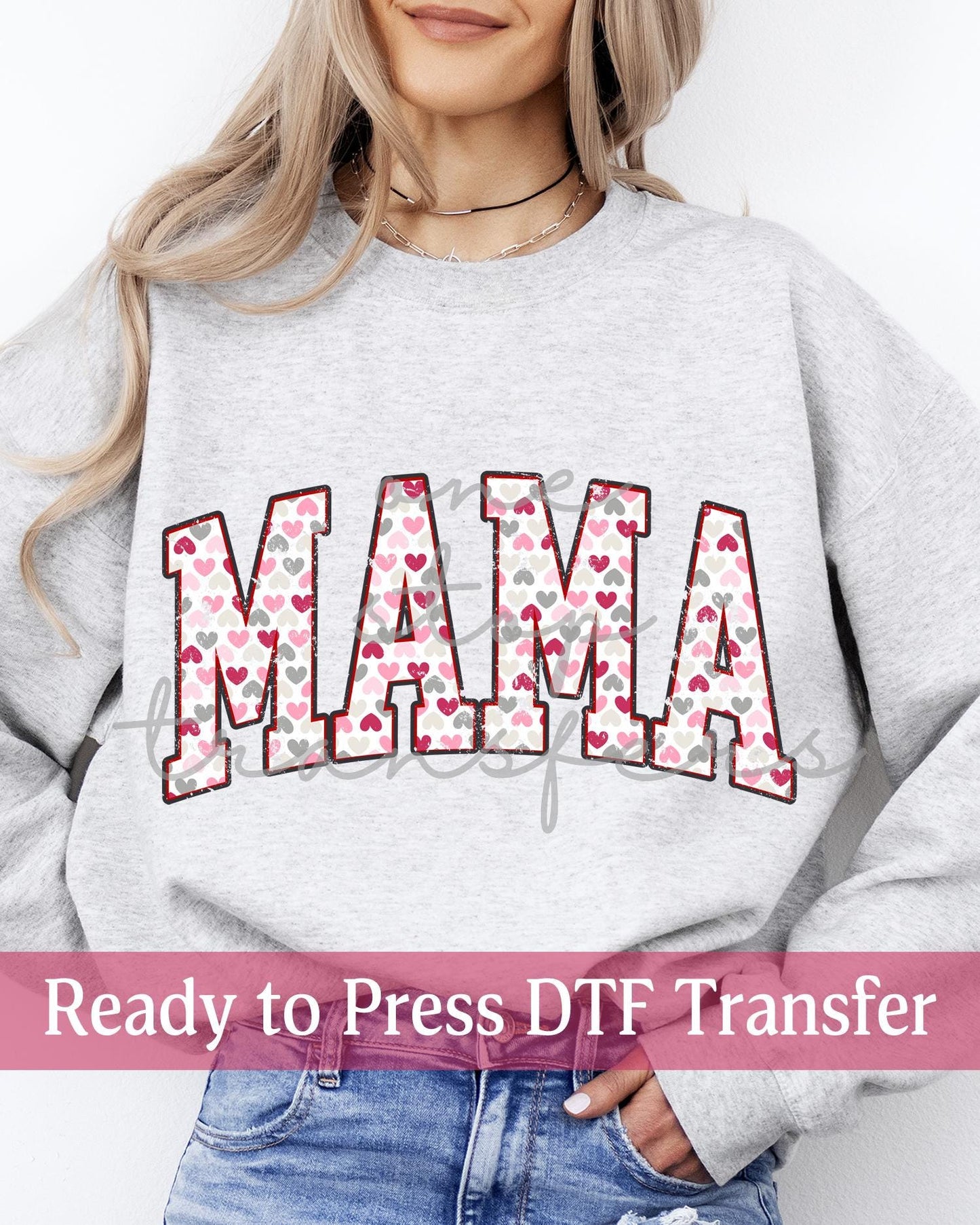Valentine's Day Distressed Pink and Gray Hearts Varsity MAMA - Ready to Press DTF Transfers