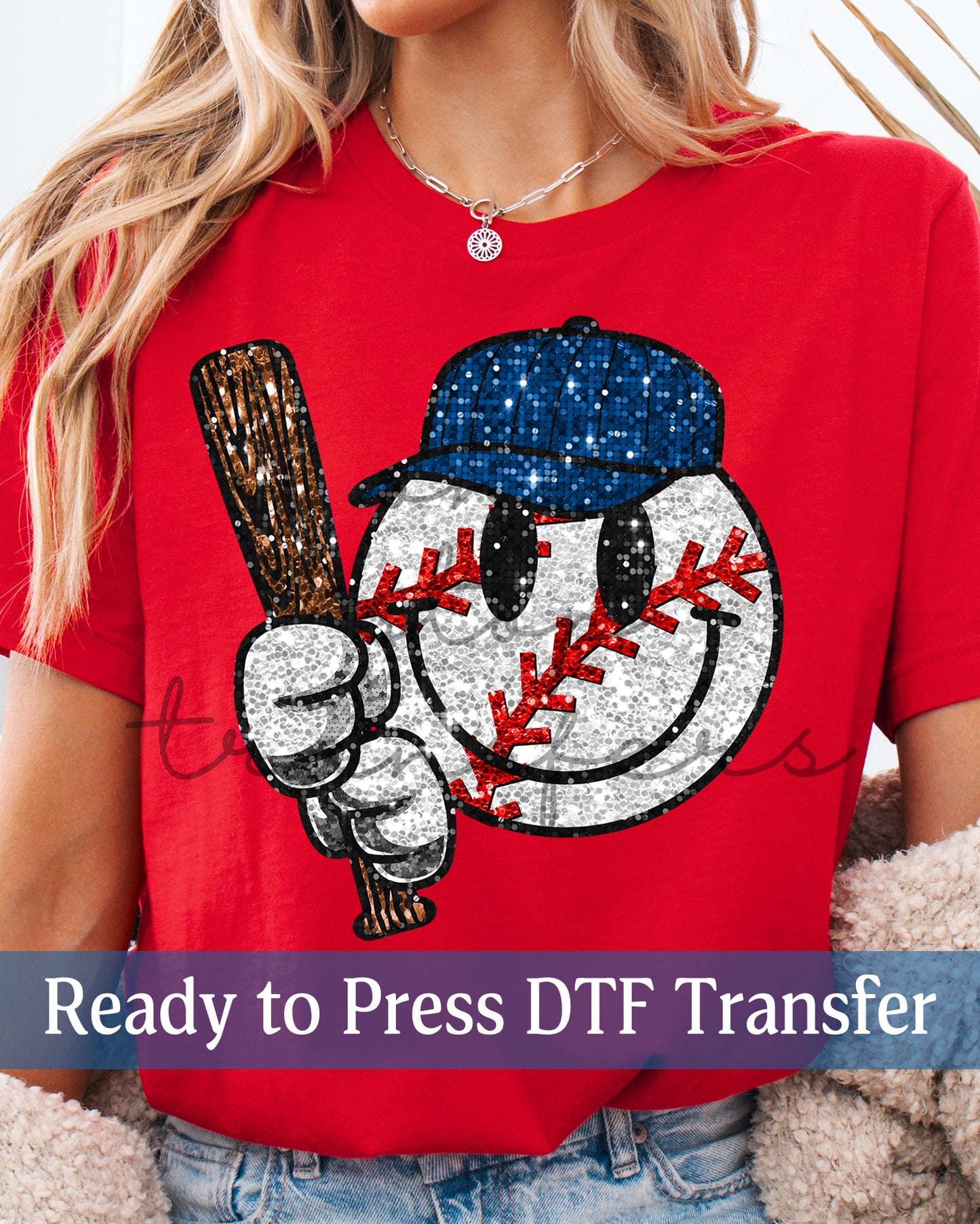 Faux Glitter Baseball Smiley Face - Ready to Press DTF Transfers