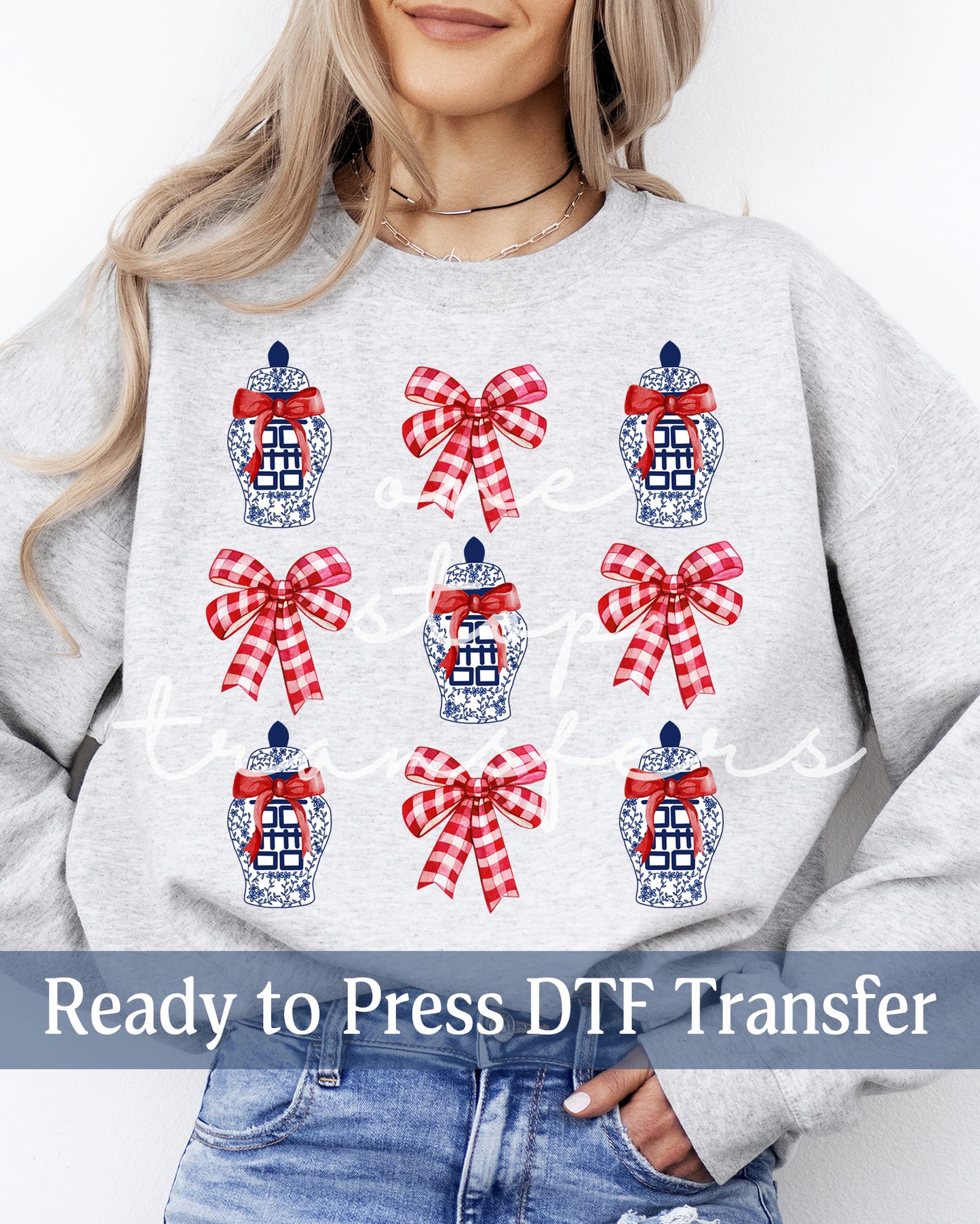 Patriotic Coquette Chinoiserie Ginger Jars and Bows - Ready to Press DTF Transfers