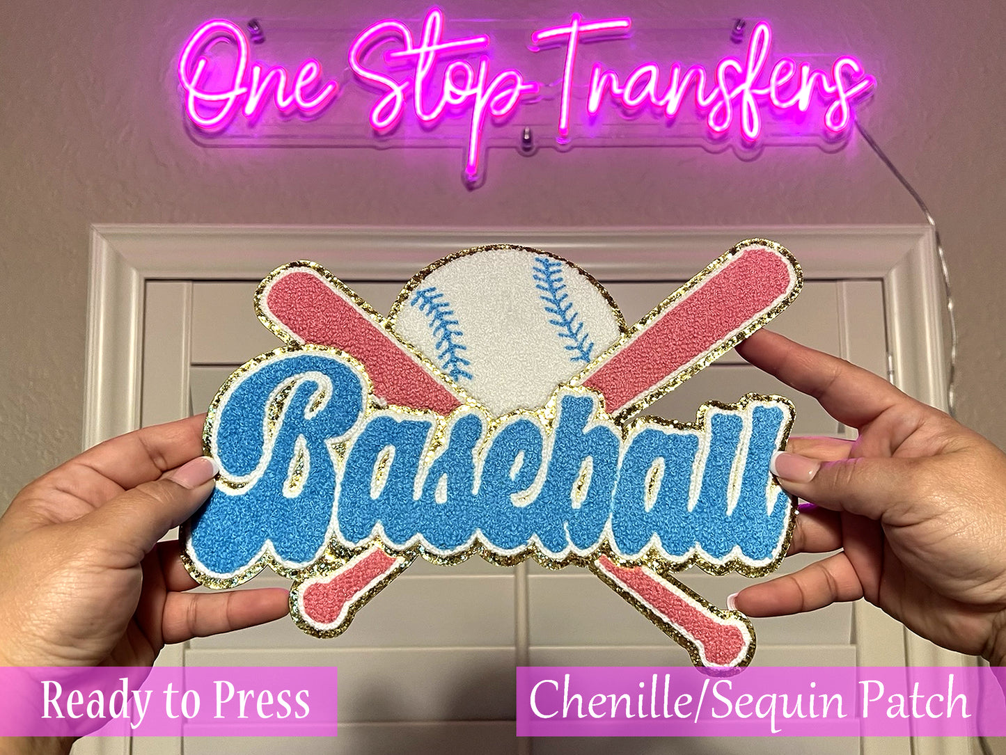 Pink Criss Cross Baseball Bats Chenille Iron On Patch - Ready to Press Patches