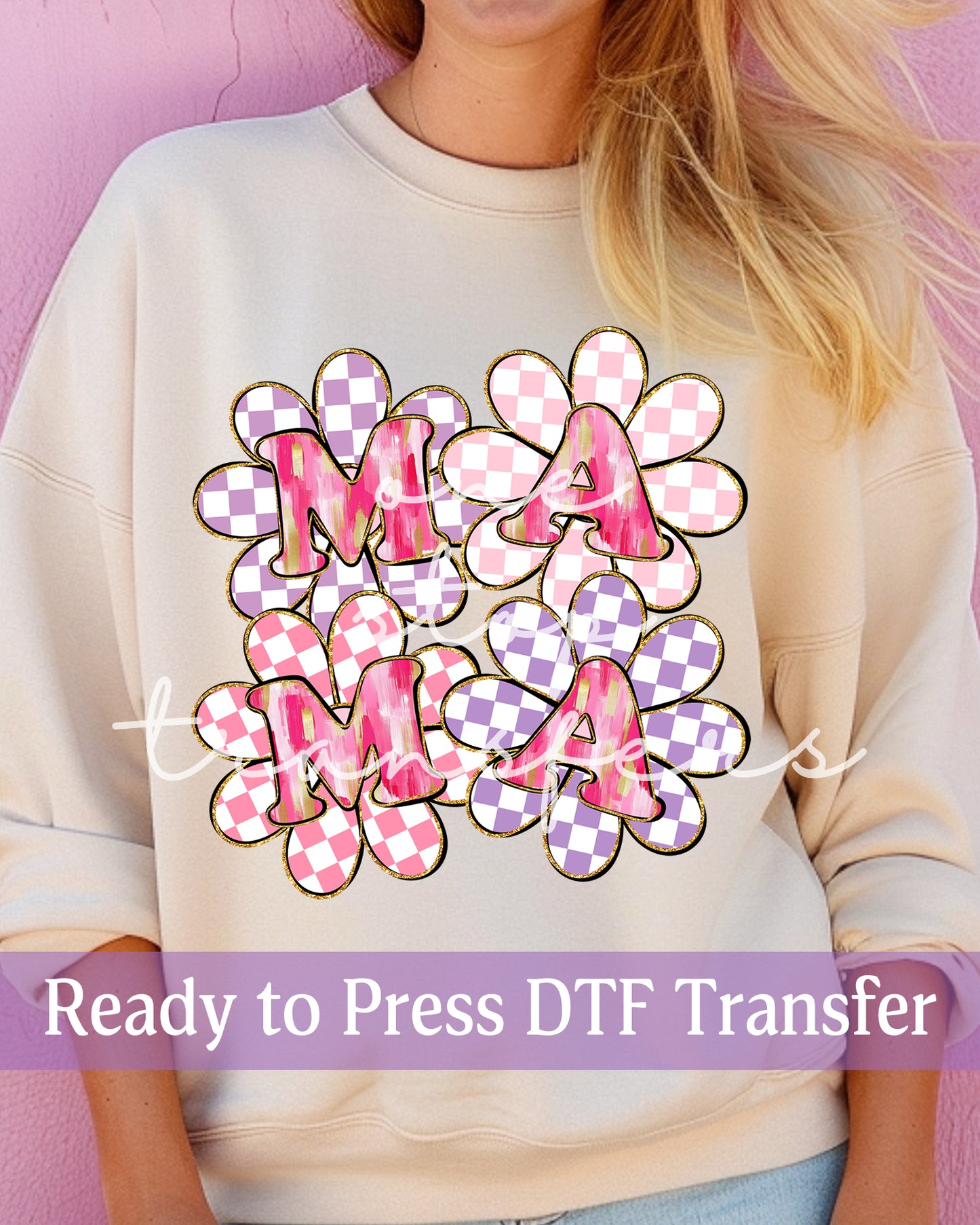 Pink and Purple Checker Flowers MAMA - Ready to Press DTF Transfers