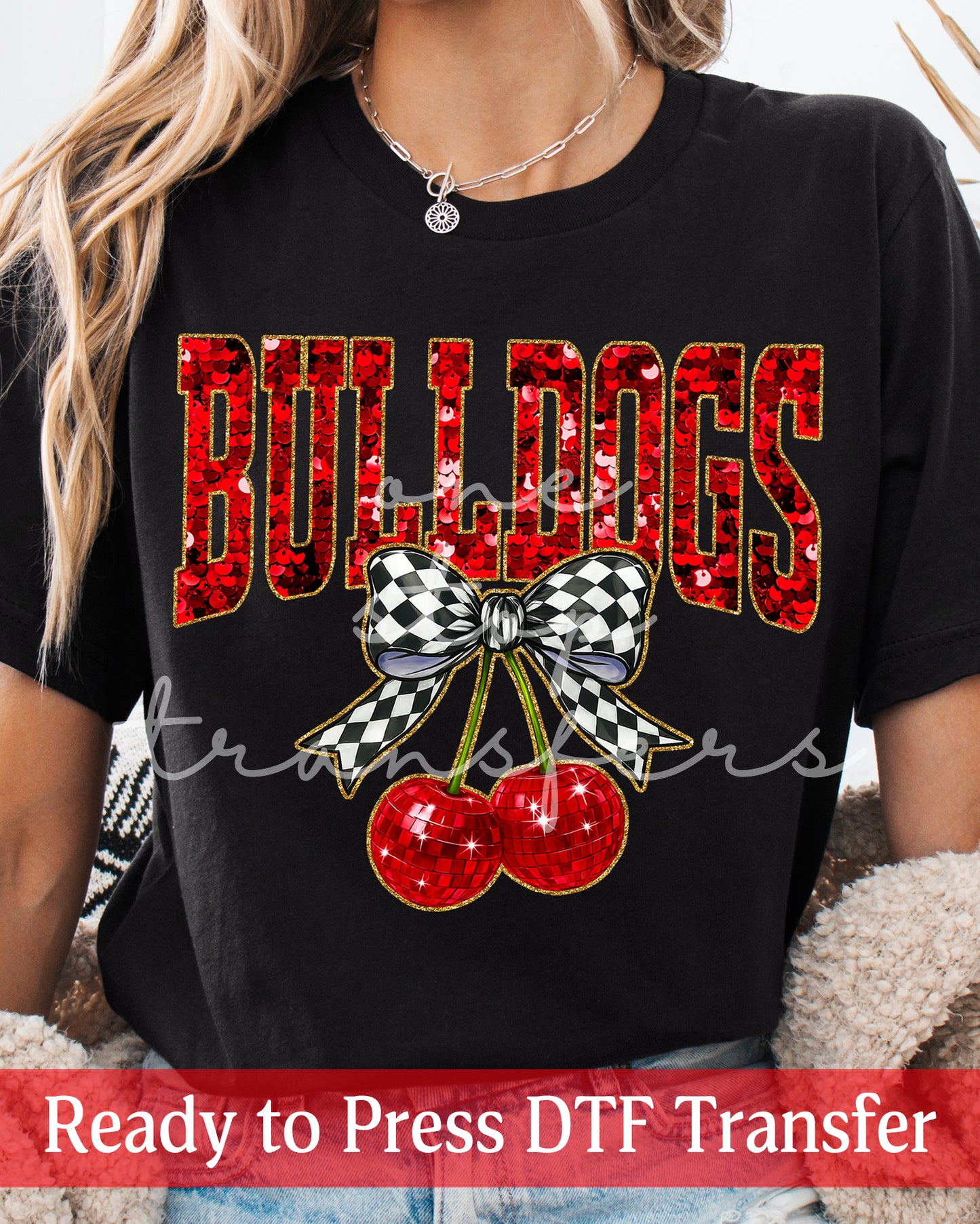Faux Sequin Coquette Cherries Red Bulldogs - Ready to Press DTF Transfers