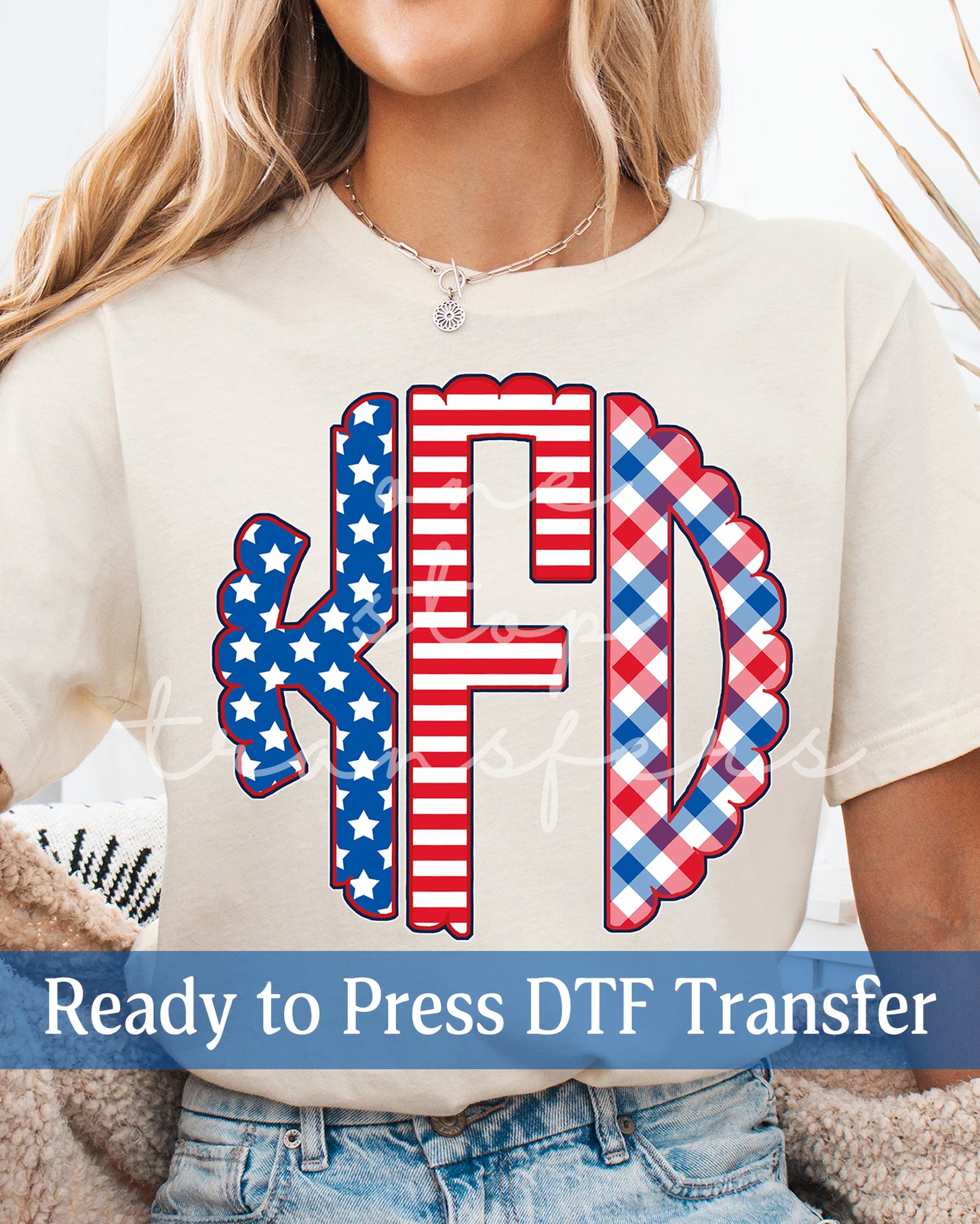 Personalized Stars Stripes and Gingham 4th Of July Scallop Monogram - Ready to Press DTF Transfers