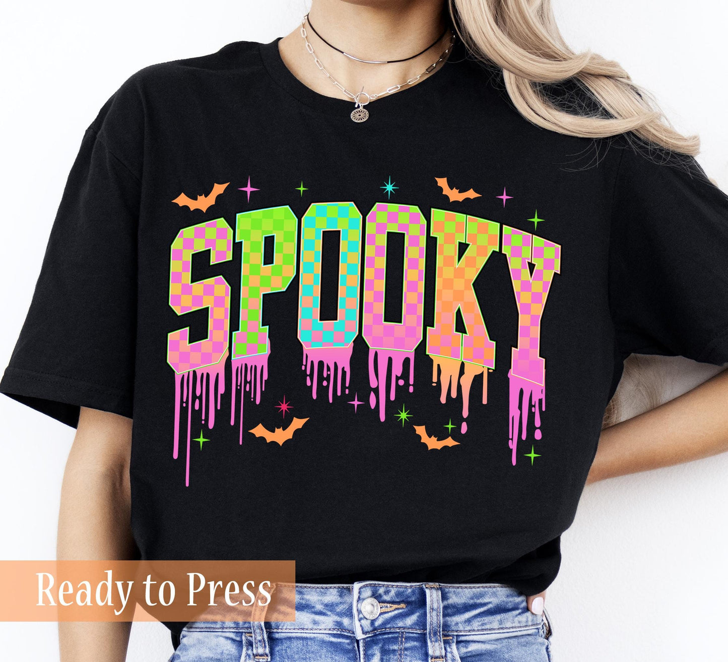 Neon Halloween SPOOKY Filled Checker Drip - Ready to Press DTF Transfers