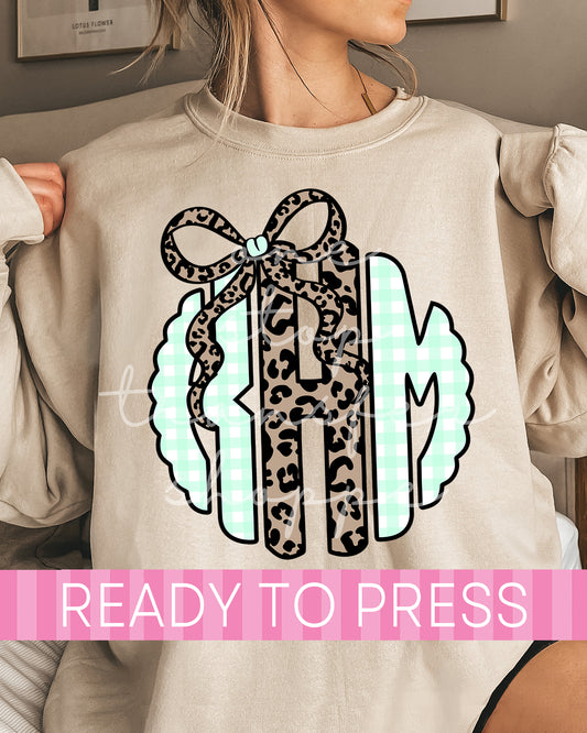 Brown and Mint Gingham Leopard Monogram - Ready to Press DTF Transfers
